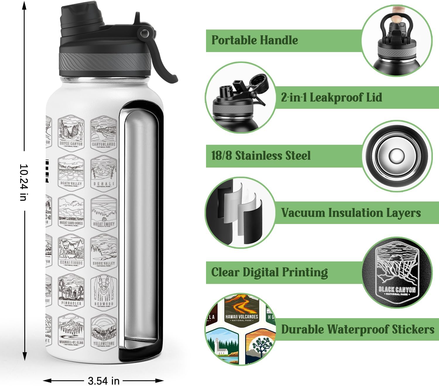 Nefeeko 32oz National Parks Water Bottle - Insulated Adventure Bottle with Waterproof Stickers | Leakproof Lid & Dual Straw/Spout | USA Bucket List Gift for Hikers, Camping & Outdoor Enthusiasts - Image 2