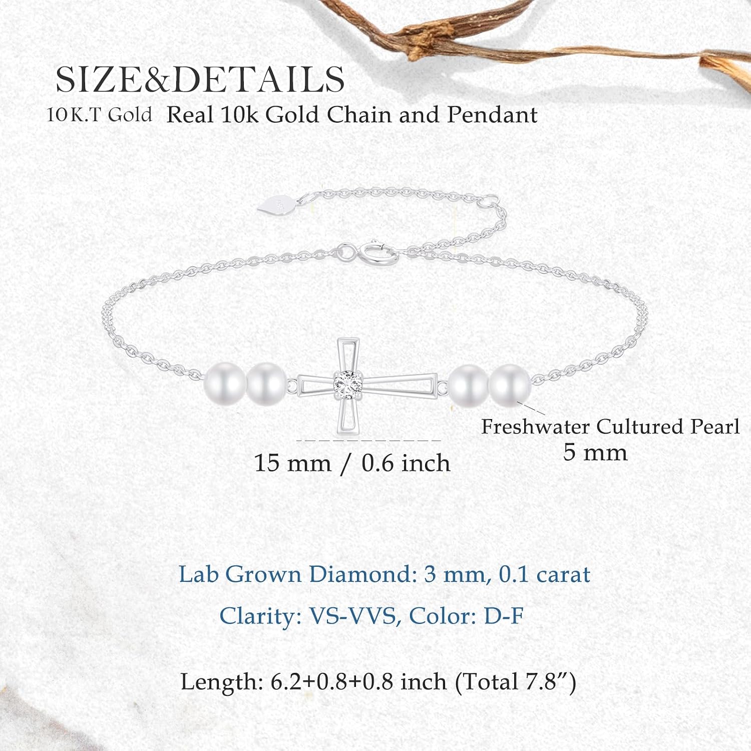 SISGEM 10k Gold Lab Grown Diamond and Pearl Cross Bracelet for Women, Confirmation Jewelry Gifts for Her 6.2"-7.8"