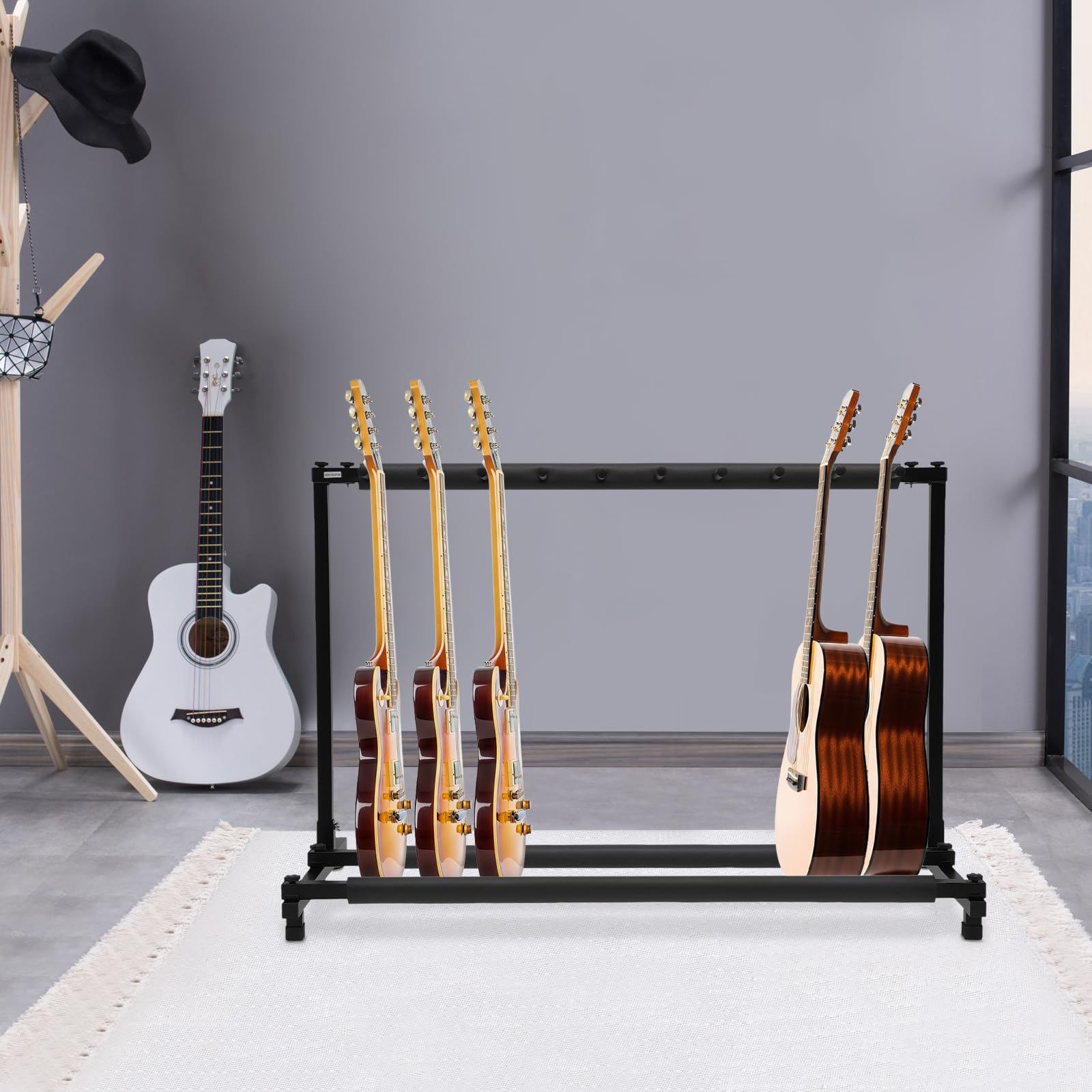 Stojak na gitarę, 9 przestrzeni, składany stojak na gitarę, wielokrotny, stojak basowy, stojak na gitarę, stabilny wyświetlacz, 110 x 47 x 73 cm, do gitary akustycznej, gitary elektrycznej, torba na