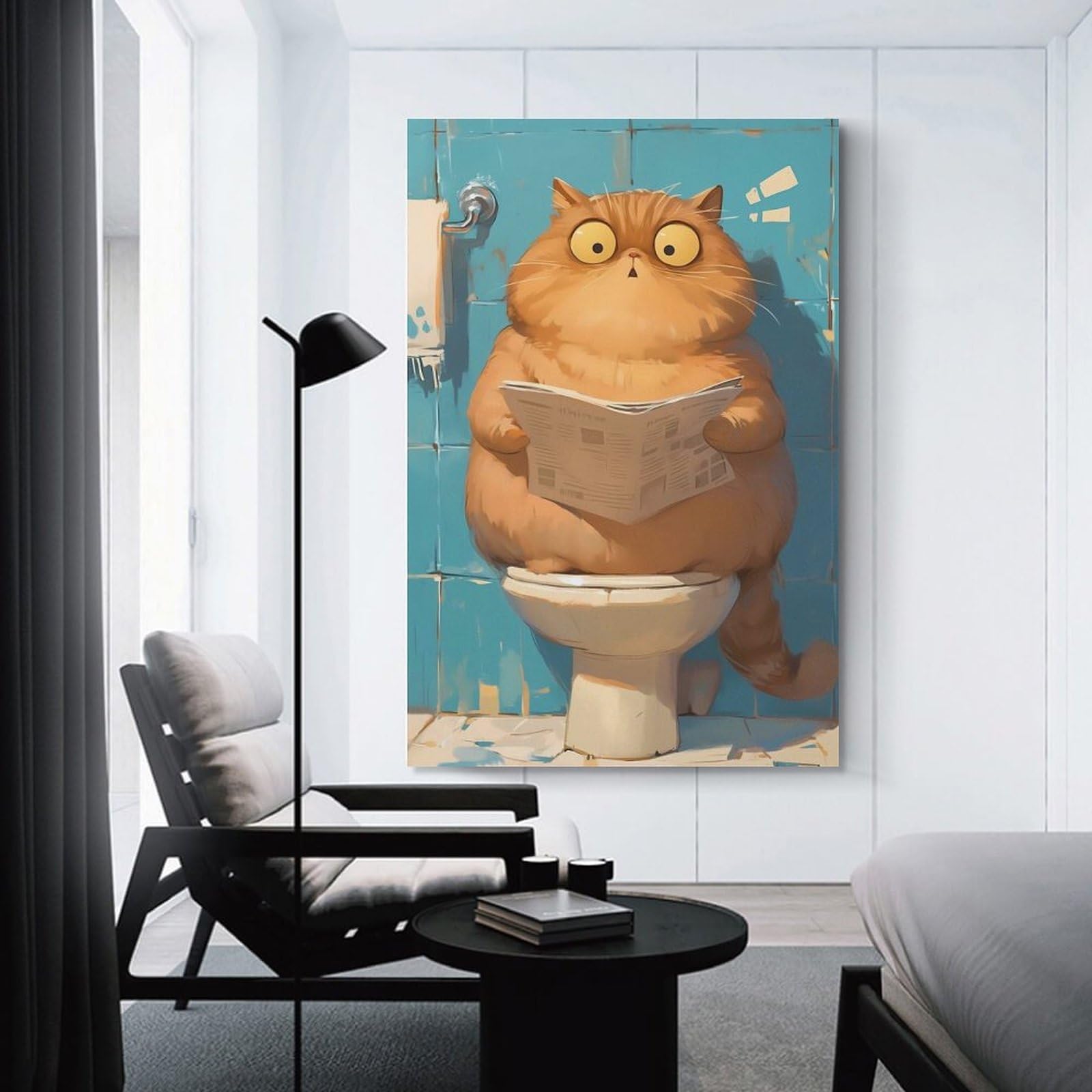 Junmoney Chubby Cat on Toilet Home Decor Wall Art 16x24inch(40x60cm), for Office, Study Or Home Workspace, Home Office Artwork with Decorative Appeal
