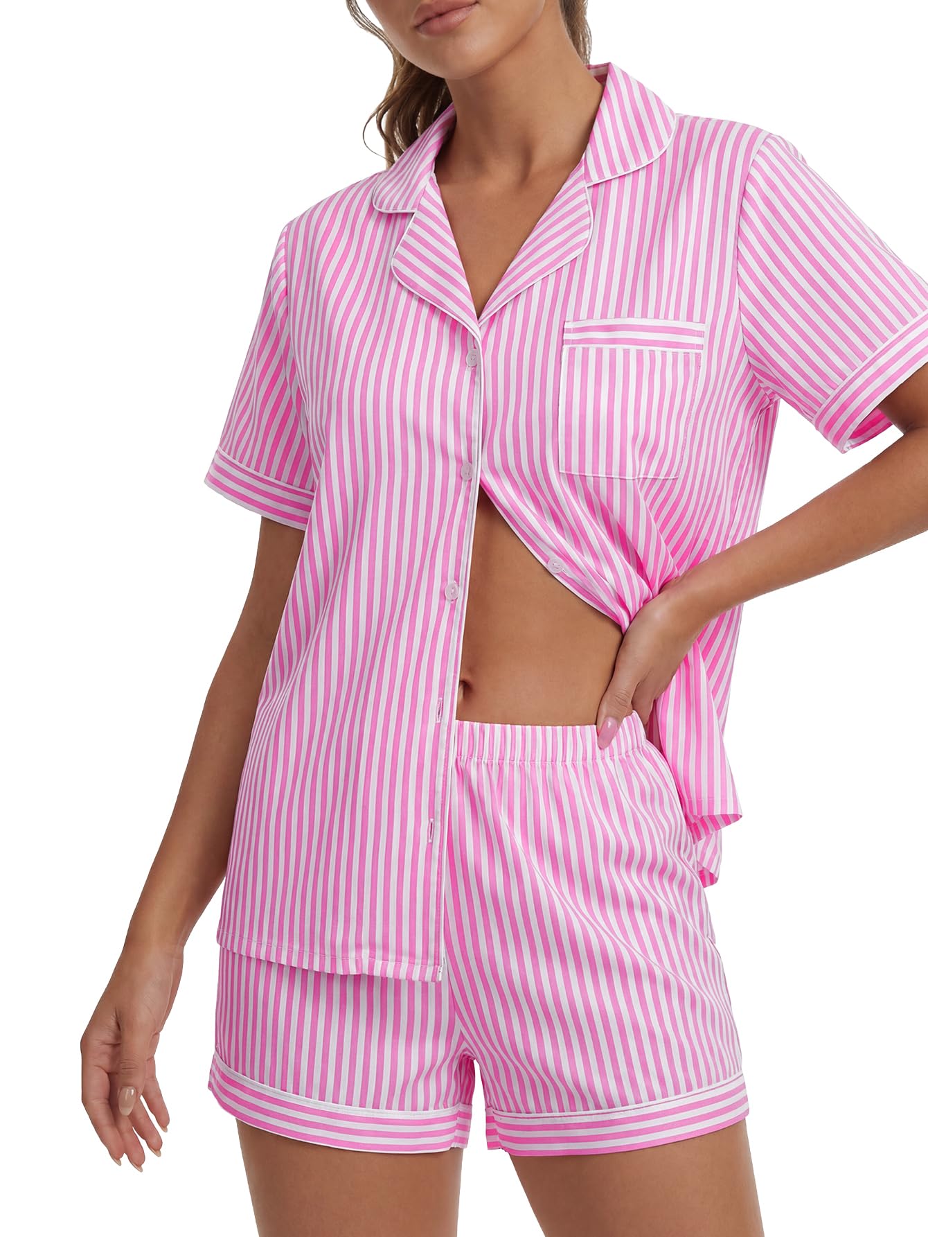 OPOIPIN Women's Striped Pajamas Set Short Sleeve Button Down Shirt with Wide Leg Shorts 2 Piece Sleepwear