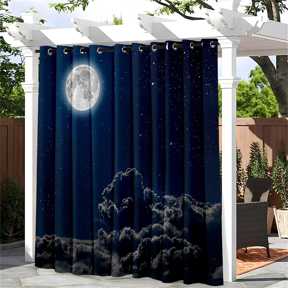 Hiseng Waterproof Outdoor Curtain for Patio Pergola, Sunshade Blackout Thermal Insulated Curtains with Eyelet Top for Garden, Gazebo, Porch, 1 PANEL, 3D Moon Starry Sky (Blue 3,59x65 in)