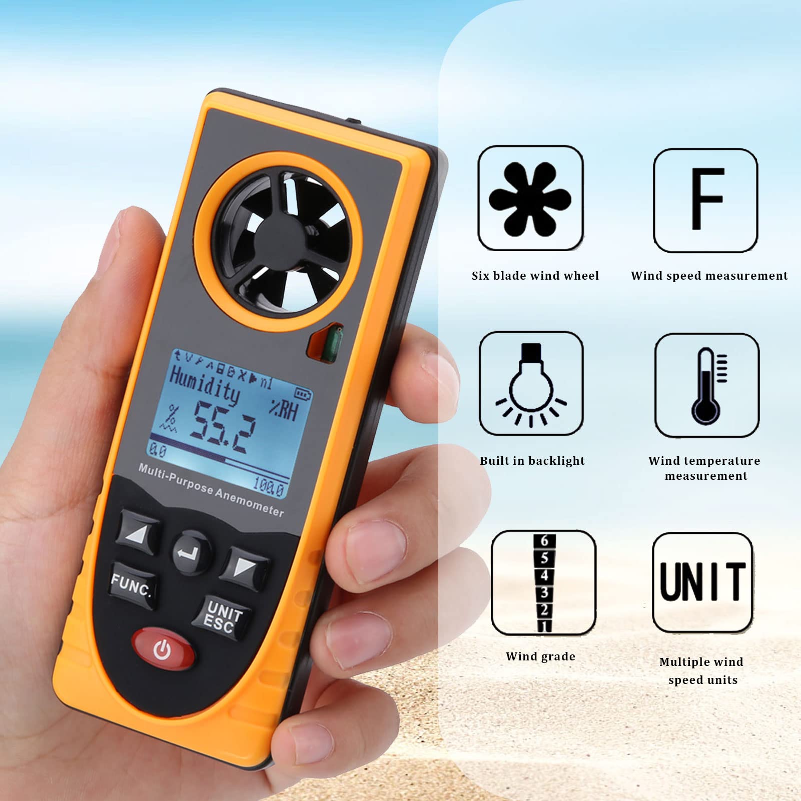 Windmesser Digital LCD Wind Speed Meter Gauge Handheld-LCD-Digital-Anemometer, Luftgeschwindigkeitstester Multifunktionaler Windtemperaturmesser Tragbares Messgerät GM8910