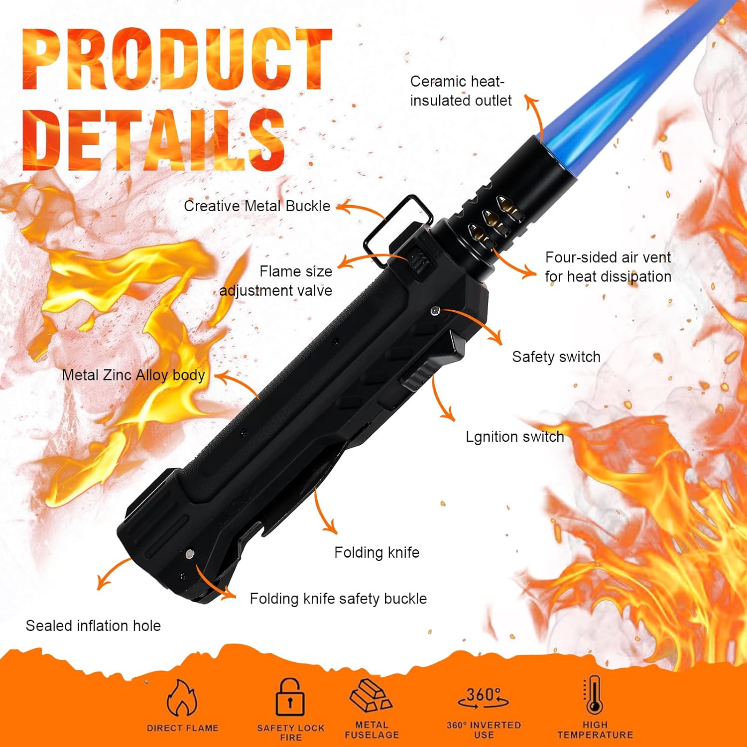 Camping Lighter, Torch Lighter, Straight Flame Bright Fire Refillable Windproof Adjustable Safety Lock for Campfires Kitchen Hiking Candles Fireplace BBQ Outdoor Essentials (Black)