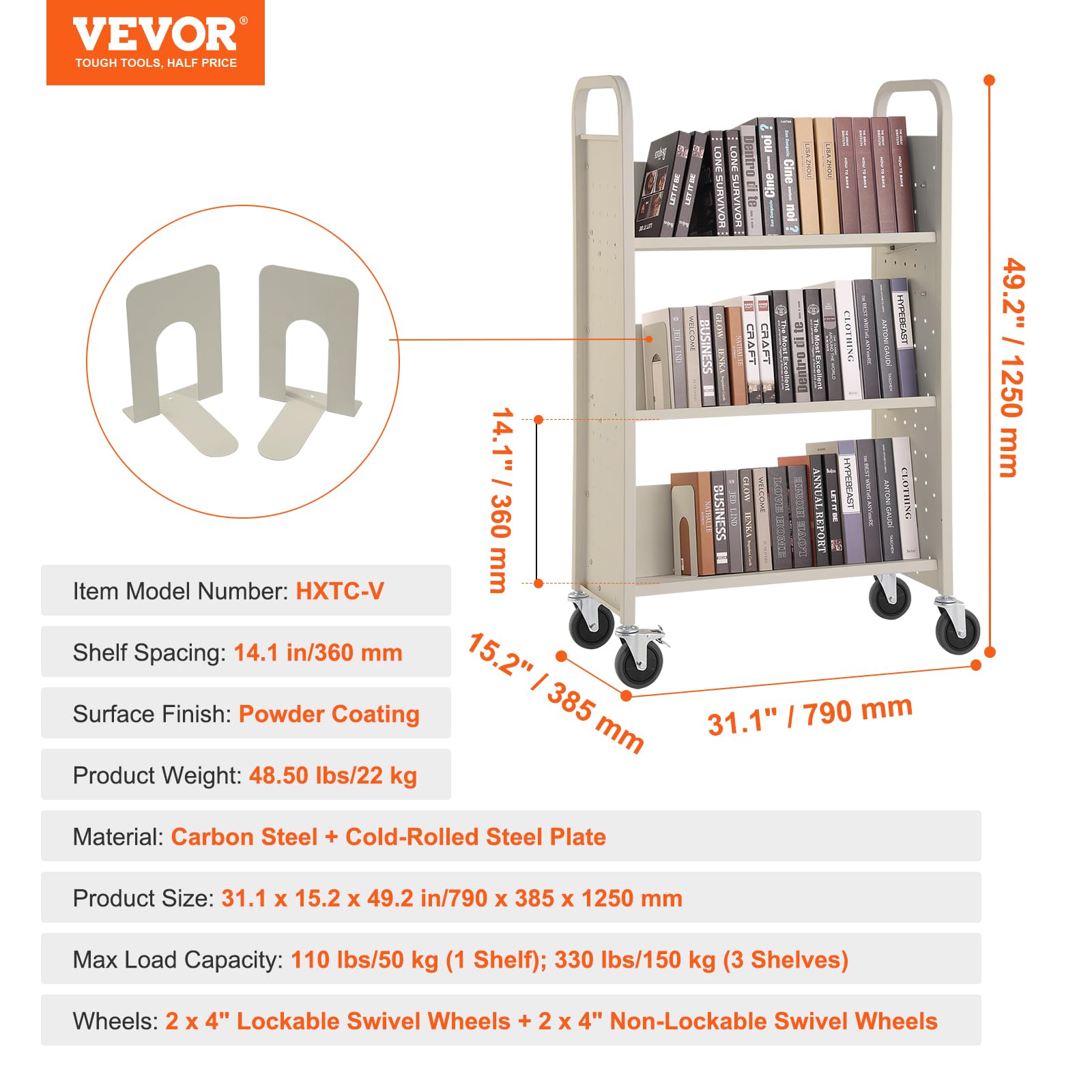 VEVOR Bibliothekswagen 79x38,5x125cm Abräumwagen 3 Regale Bücherwagen Kohlenstoffstahl+kaltgewalzte Stahlplatte Servierwagen 150kg Gewichtskapazität (50kg pro Regal) inkl. 2 Buchstützen V-förmig Beige