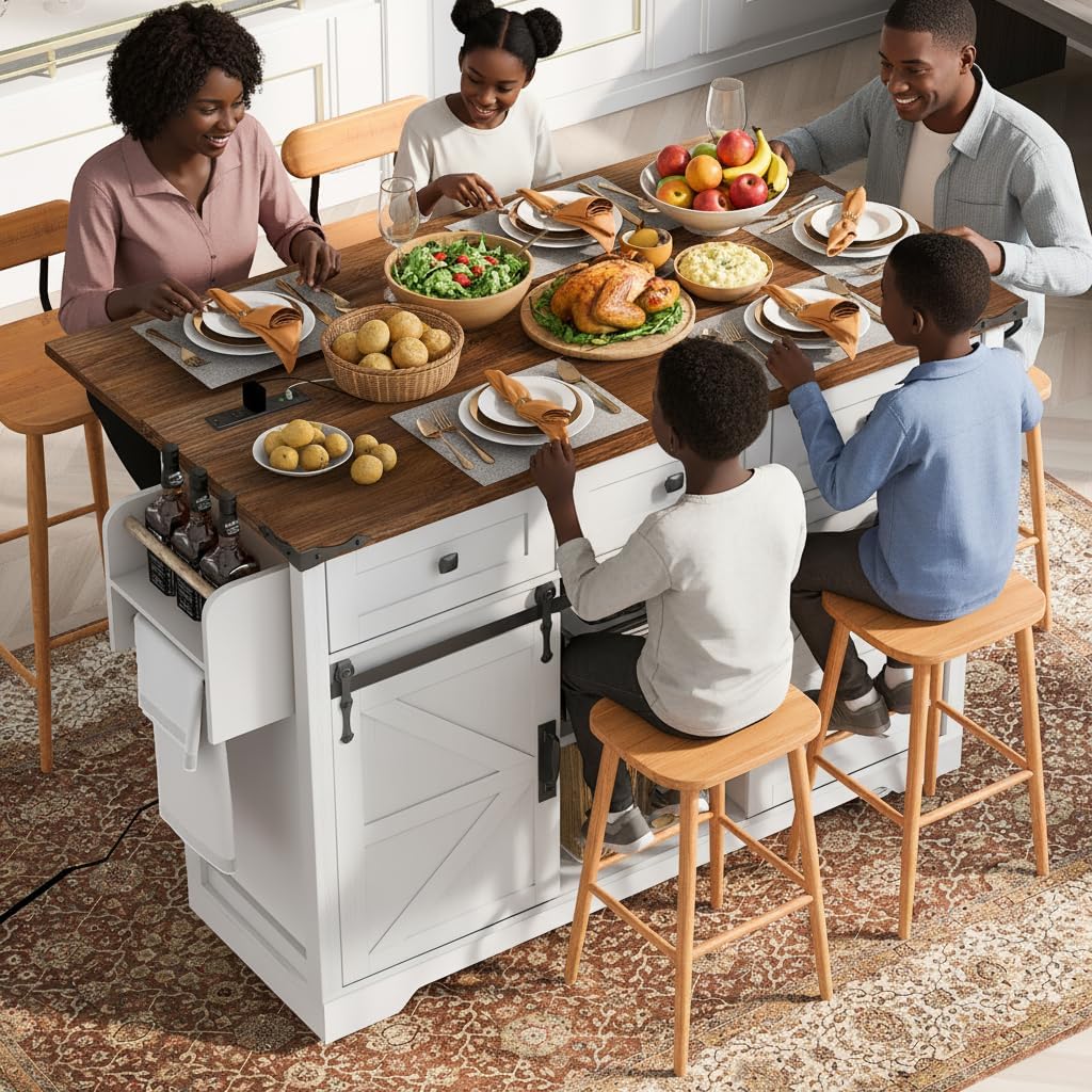 Farmhouse Kitchen Island with Power Outlet, 2 Sliding Barn Door Kitchen Storage Cabinet with Drop Leaf, Spice Rack Rolling Island Cart on Wheels for Home and Dining Room, Off White