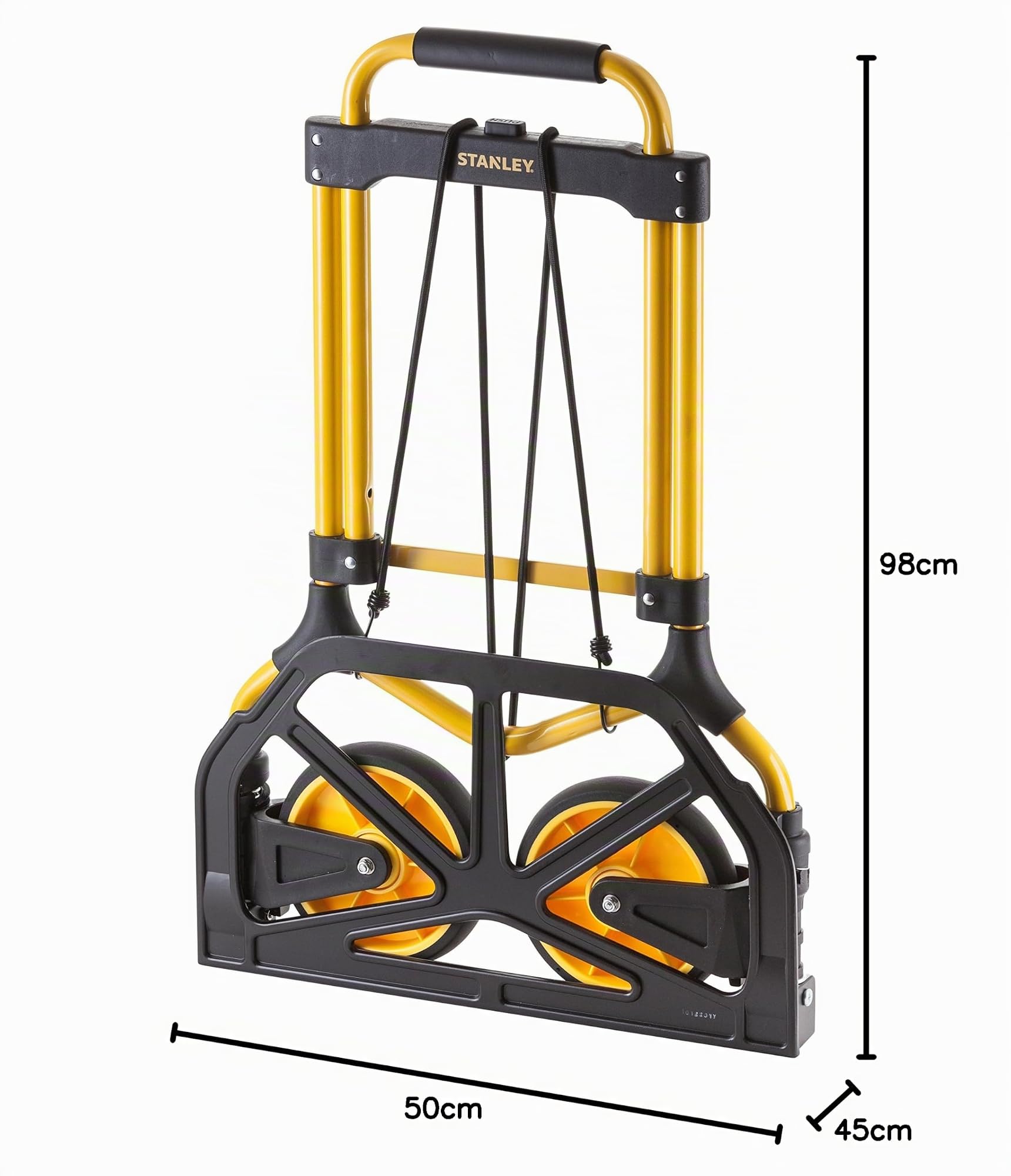 Stanley Chariot de manutention Acier, Pliable, Base 49x28CM, capacité 90 kg. Dimensions Ouvert : 50x45x98cm, plié : 49x6,5x73 cm. Roues 175x4,5 cm Caoutchouc. Poids 5,45 kg