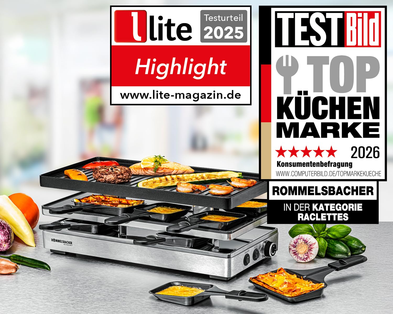 ROMMELSBACHER Pizza Raclette RCP 1800, Wendeplatte (Grillmuster/Crêpes), Pizzafunktion, keramische Antihaftbeschichtung (PFAS-frei), Parkdeck, 2 m Kabel, Ein/Ausschalter, stufenlose Temperaturregelung