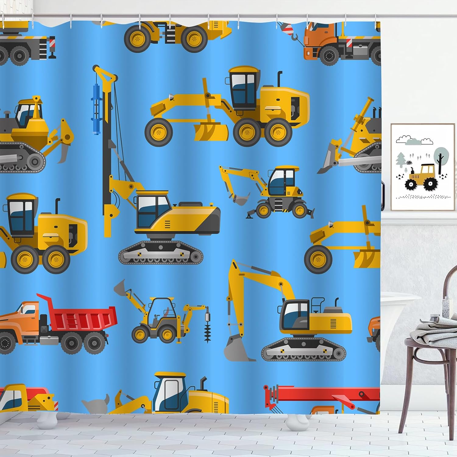 Kids Construction Truck Shower Curtain Excavator Vehicle Tractor Cars for Boys Bathroom Waterproof Polyester Fabric Bath Curtain 72 x 72 Inch with 12 Plastic Hooks