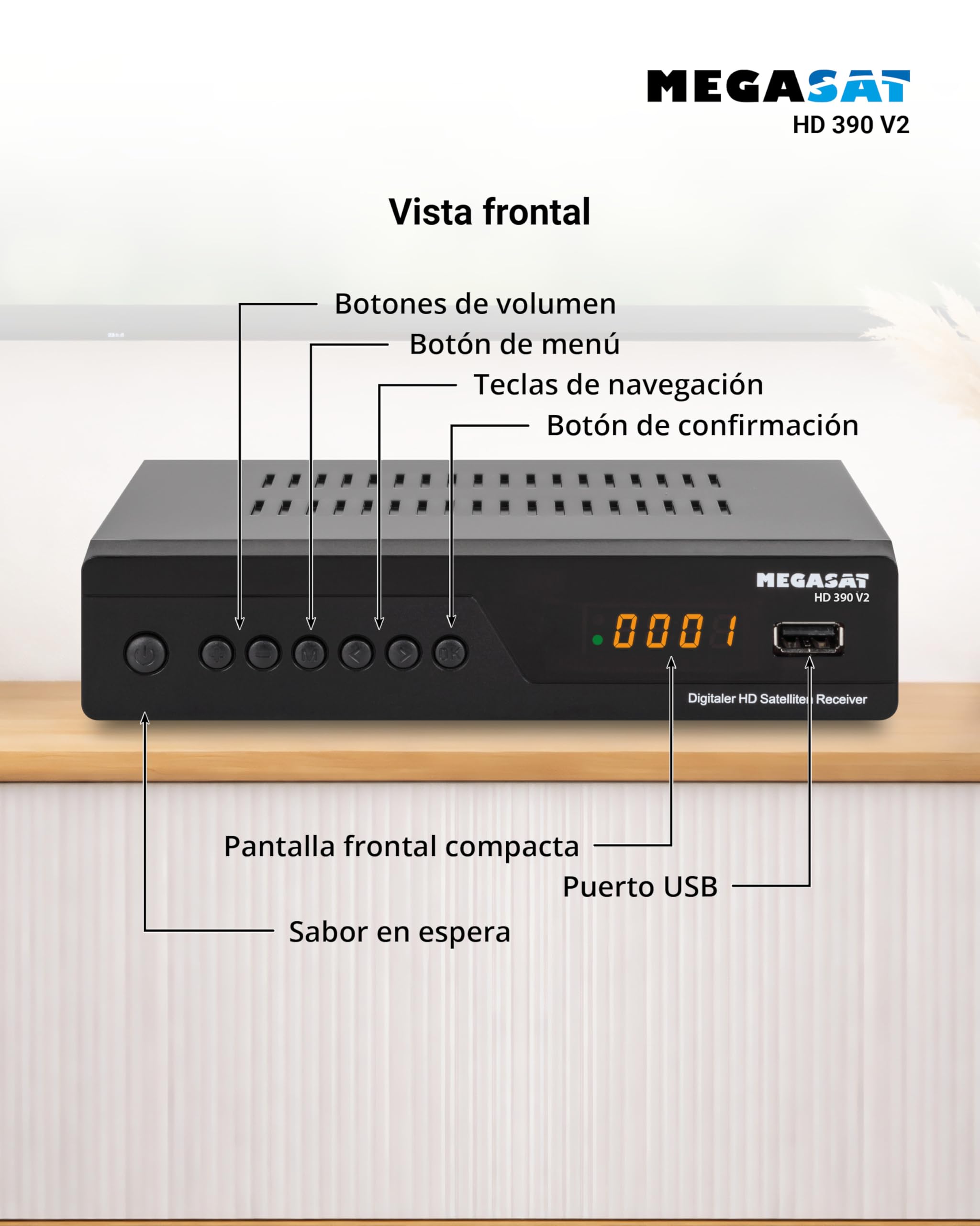 Megasat HD 390 – Receptor satélite HD HDMI & Scart – Negro | DVB-S/DVB-S2, reproductor multimedia, 2× USB, pantalla, TV gratis