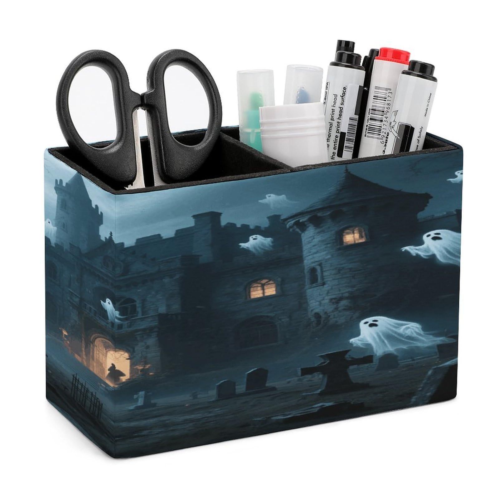 VstaDank Ghost Castle Pencil Holder for Desk Organizer 2 Compartments Pen Cup Leather Square Pen Holder Pencil Cup Stand Makeup Brush Holders for Desktop Organizer Storage Case