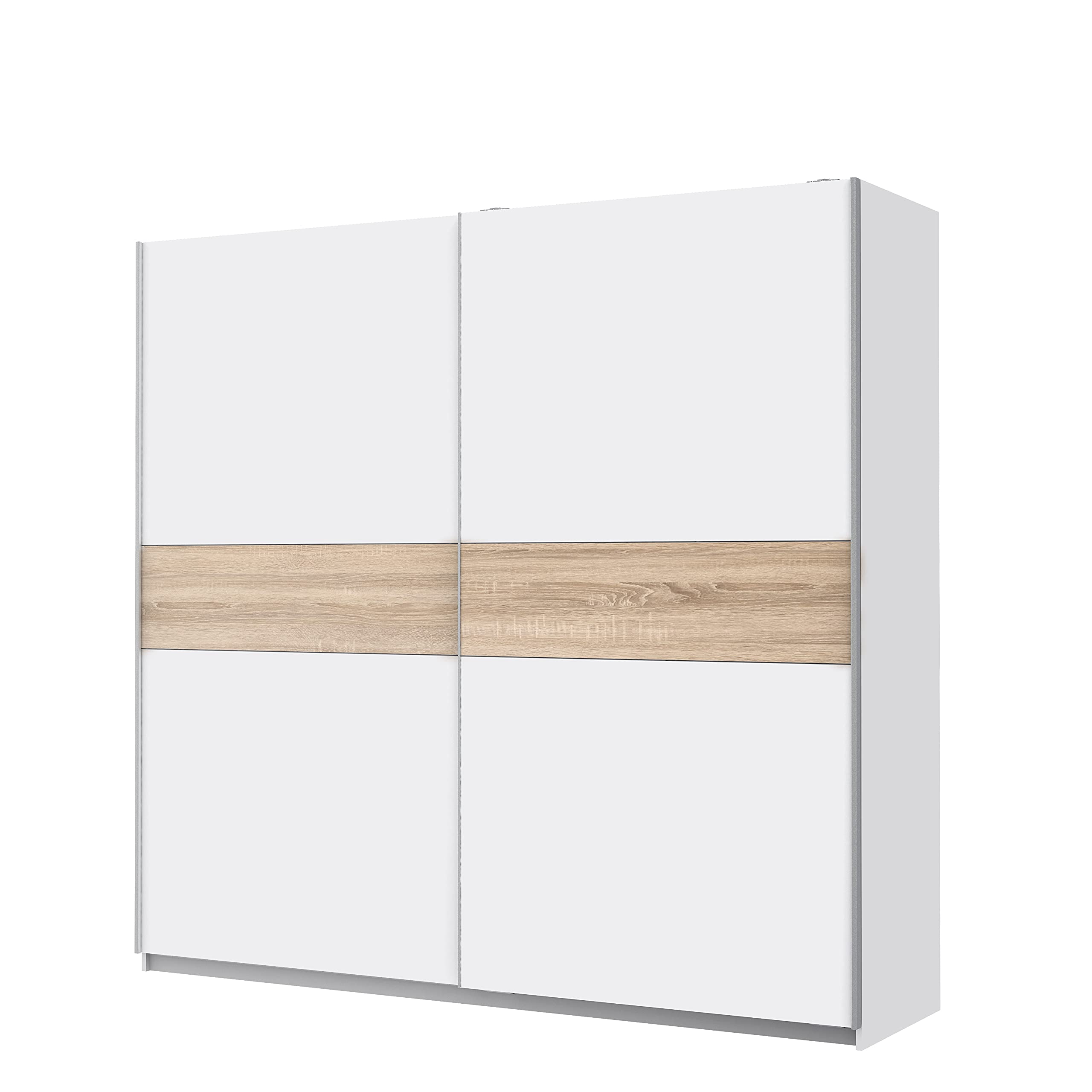FORTE WINNER PLUS Schrank 220, Kleiderschrank Schwebetürenschrank Skandinavisch Schlafzimmer 2-türig Einlegeböden Kleiderstange, Weiß / Holzdekor: Sonoma Eiche, 220 cm breit x 210 cm hoch x 61 cm tief