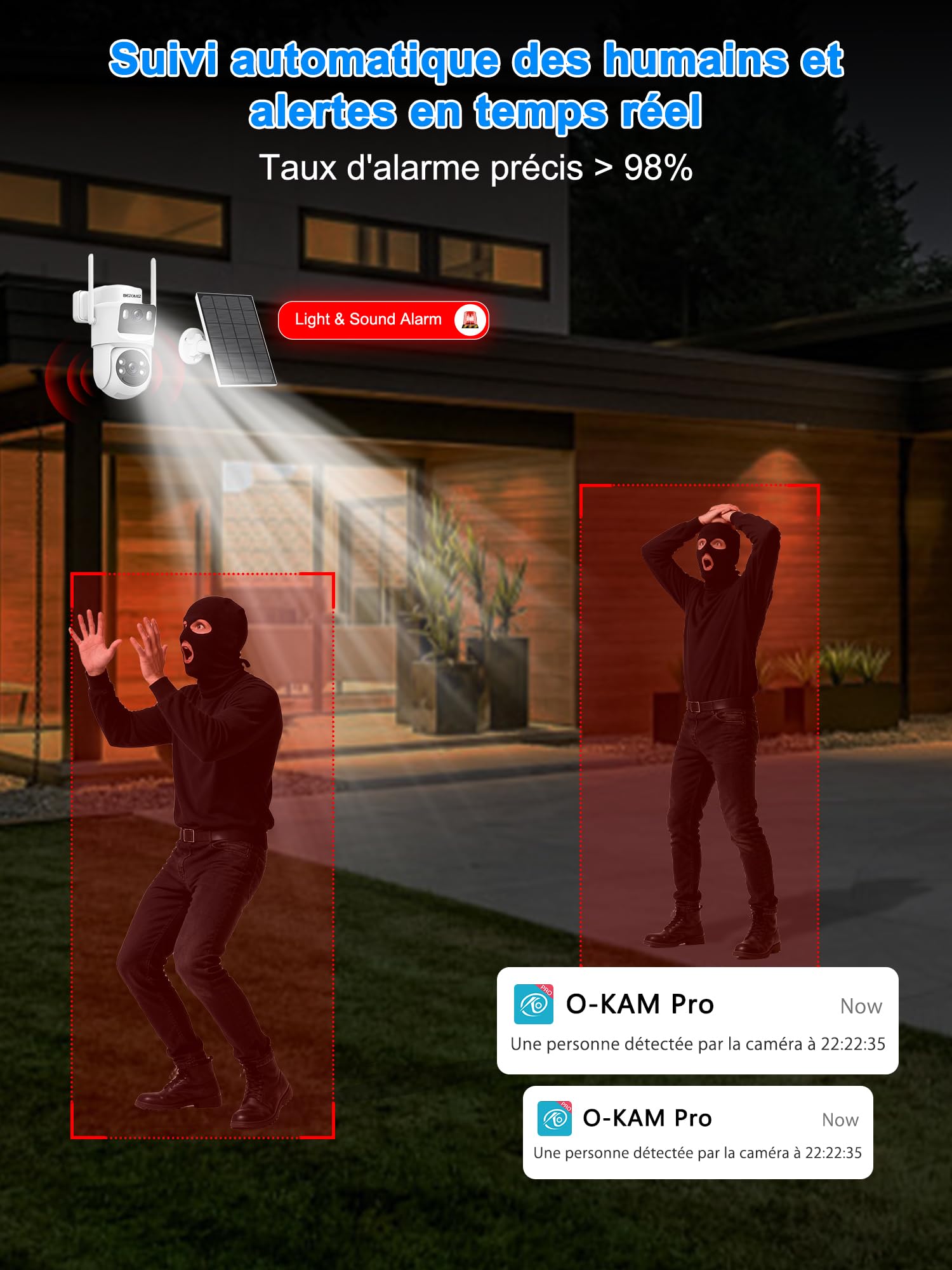 4K Camera Surveillance WiFi Exterieure sans Fil Solaire,Camera Exterieur Double Objectif avec Panneau Solaire,360° PTZ,8MP Vision Nocturne Couleur,Audio Bidirectionnel,PIR Sirène,IP66