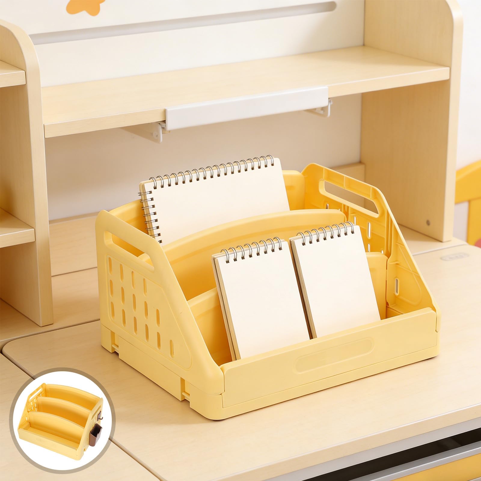 Lurrose Libreria per Gialla a 3 Livelli in Pp con Organizer da Scrivania e Porta Penne Laterale, Design Compatto e Stabile per Cameretta e Scrivania