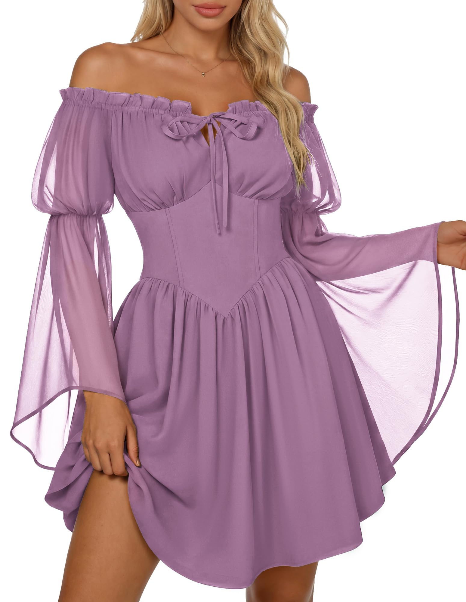 SCARLET DARKNESS Damen Renaissance Sommerkleid Schulterfrei Lace-up Korsett Kleid Chiffon Langarm Minikleid