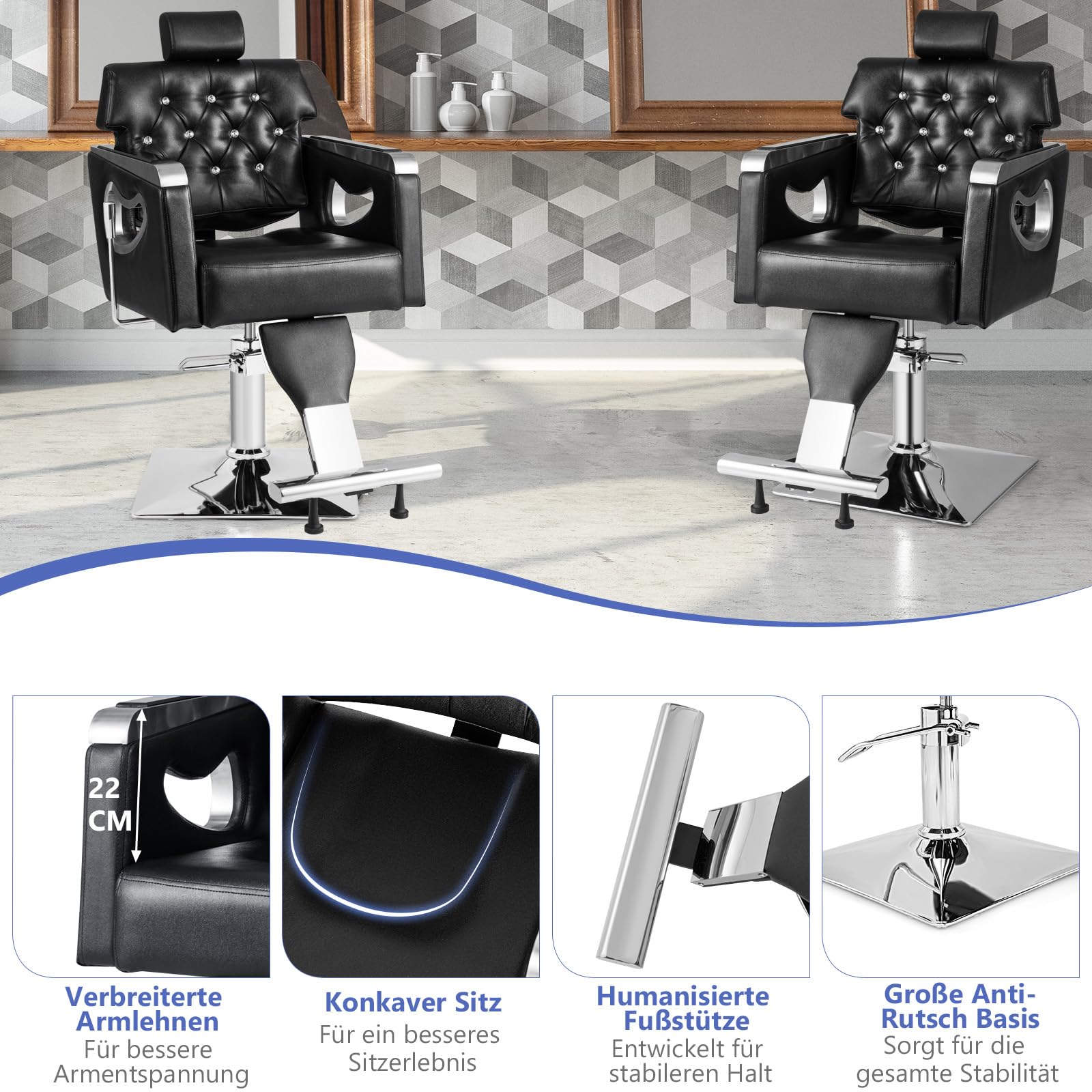 COSTWAY Friseurstuhl höhenverstellbar, Friseursessel 90° - 137° neigbar, Barberstuhl mit gepolsterter Rückenlehne, verstellbare Kopfstütze & Hydraulikpumpe, Barbersessel 150 kg belastbar, Schwarz