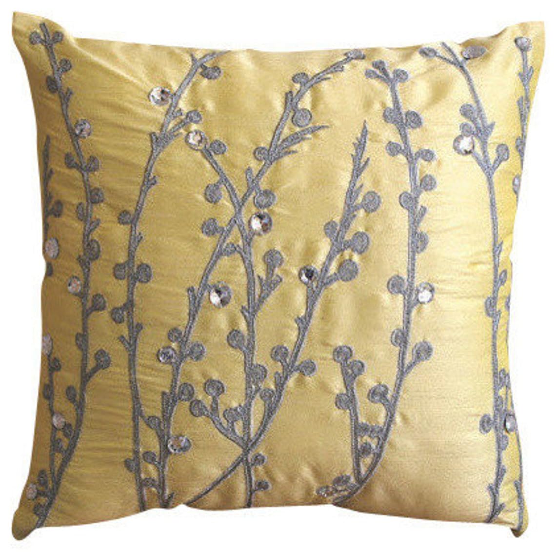 The HomeCentric Pack of 2, 35x35 cm (14"x14") Cushion Covers, Square Decorative Yellow Silk Pillowcase Embroidered with Silver Thread and Crystals, Floral Cushion Covers UK - Yellow Crystal Willow