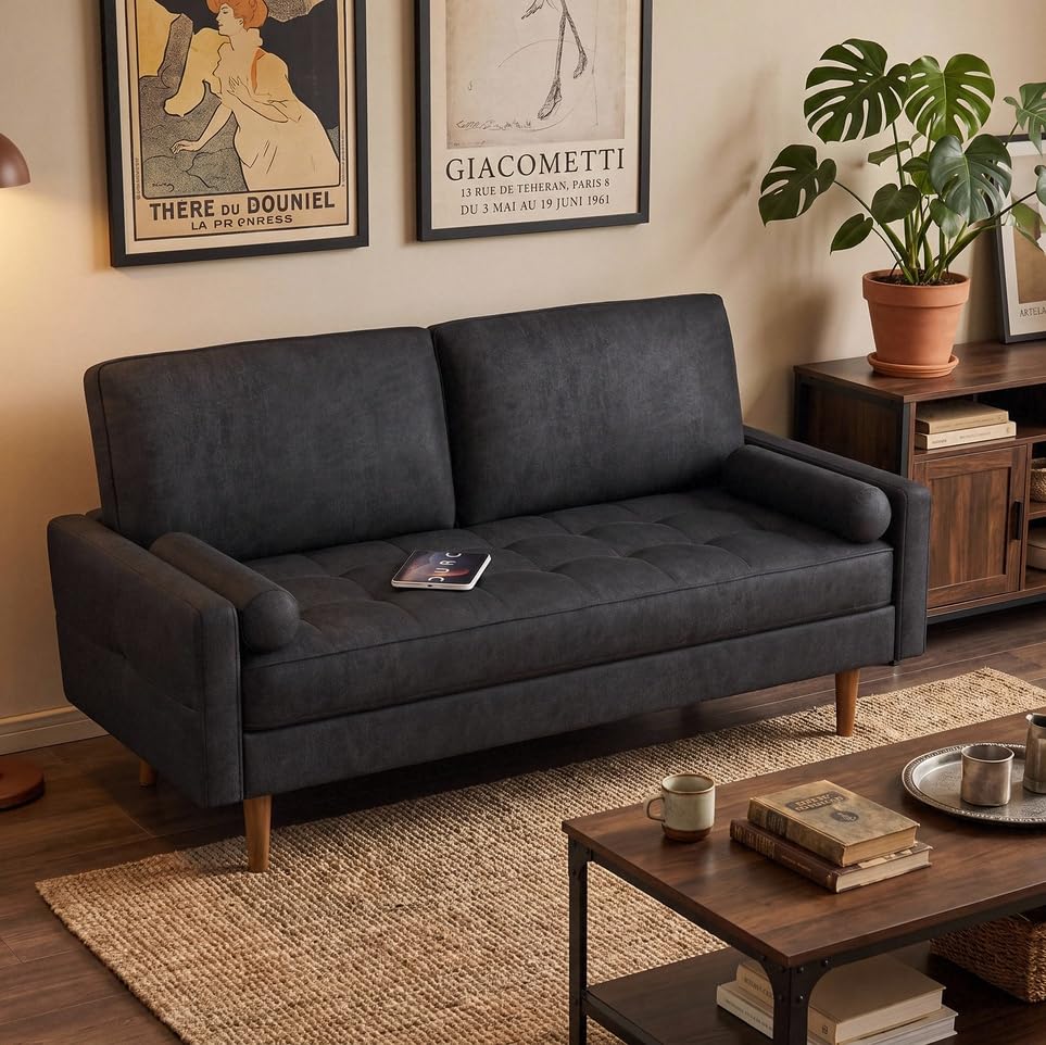Image of HIFIT 57 inch Loveseat Sofa Couch, Mid Century Modern Faux Leather Couch, Black
