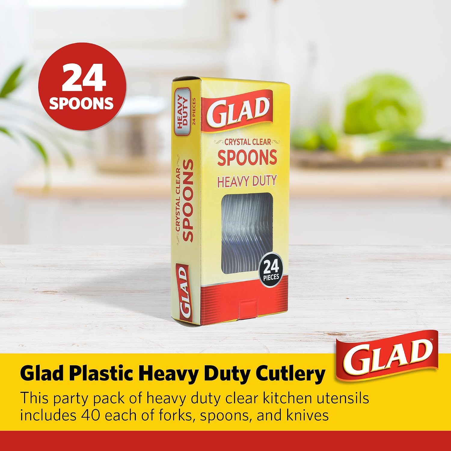 Glad Clear Plastic Spoons, Sturdy Disposable Plastic Cutlery for Parties, Events, Outdoor Meals, and Everyday Use, Clear Neutral Design Fits Any Table Setting, 24 Count