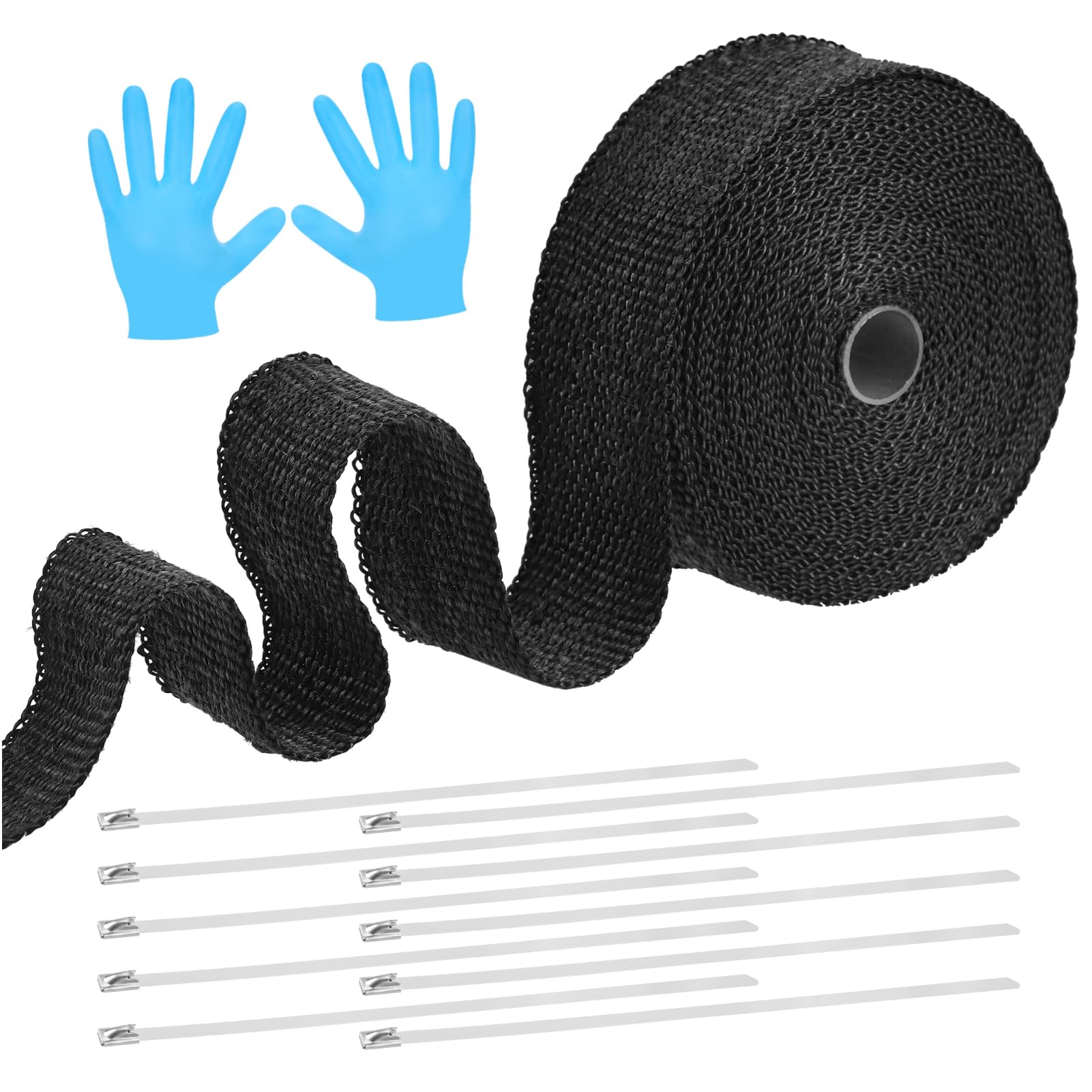 Zocipro Hitzeschutzband Auspuff, 5cm x 5 Meter Auspuffband Schwarz mit 10 Kabelbinder Edelstahl und Handschuhe, Auspuff Dichtband für Auspuffkrümmer von Motorrädern und Autos