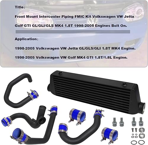 Miniatura 4 de Kit de intercooler de montaje delantero para motores VW Jetta Golf GTI GLGLIGLS MK4 1.8T 1.8L 98-05 Motores FMIC Bolt (plisado negro-azul)