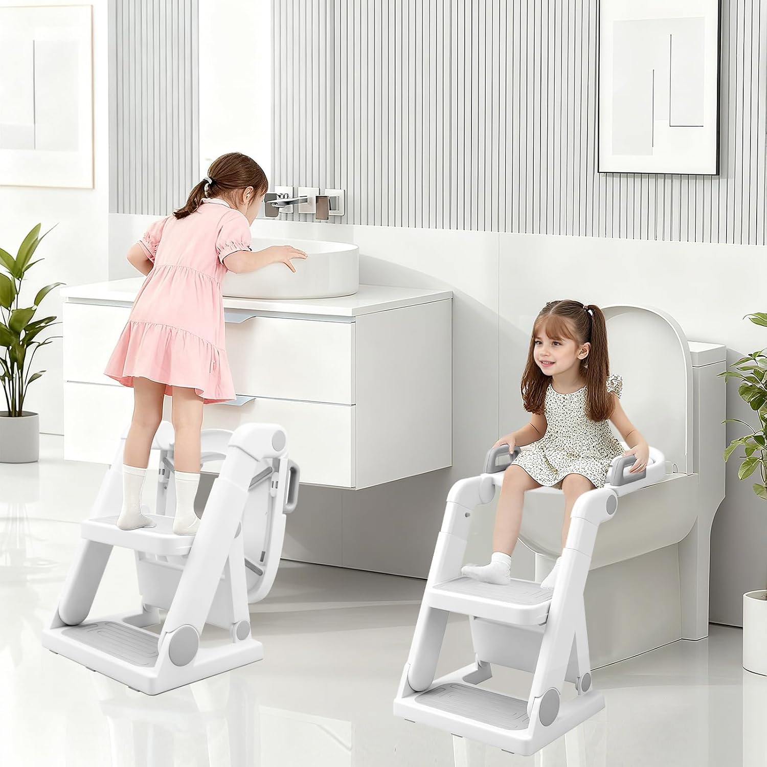 Potty Training Seat, Upgrade Toddler Toilet Seat with Steps, 2-in-1 Potty Training Toilet, Pre Assembled Potty Ladder Chair with Anti-Slip Steps Splash Guard for Kids Boys Girls (Grey)