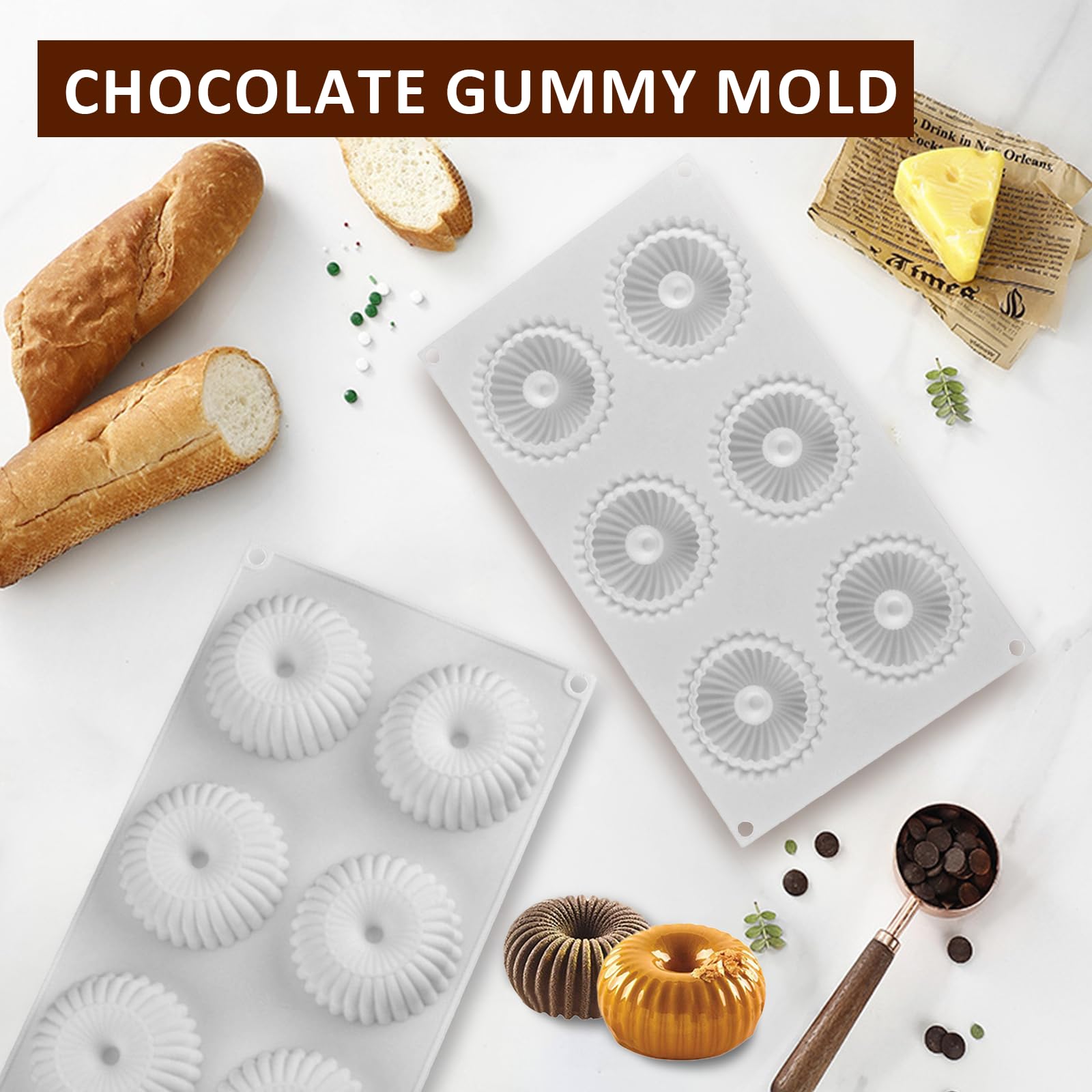 Molde para rosquillas, 2 moldes de silicona para donas, molde para hornear bagel, bandeja para magdalenas, molde para magdalenas, herramienta de bricolaje para panadero, apto para horno y 6