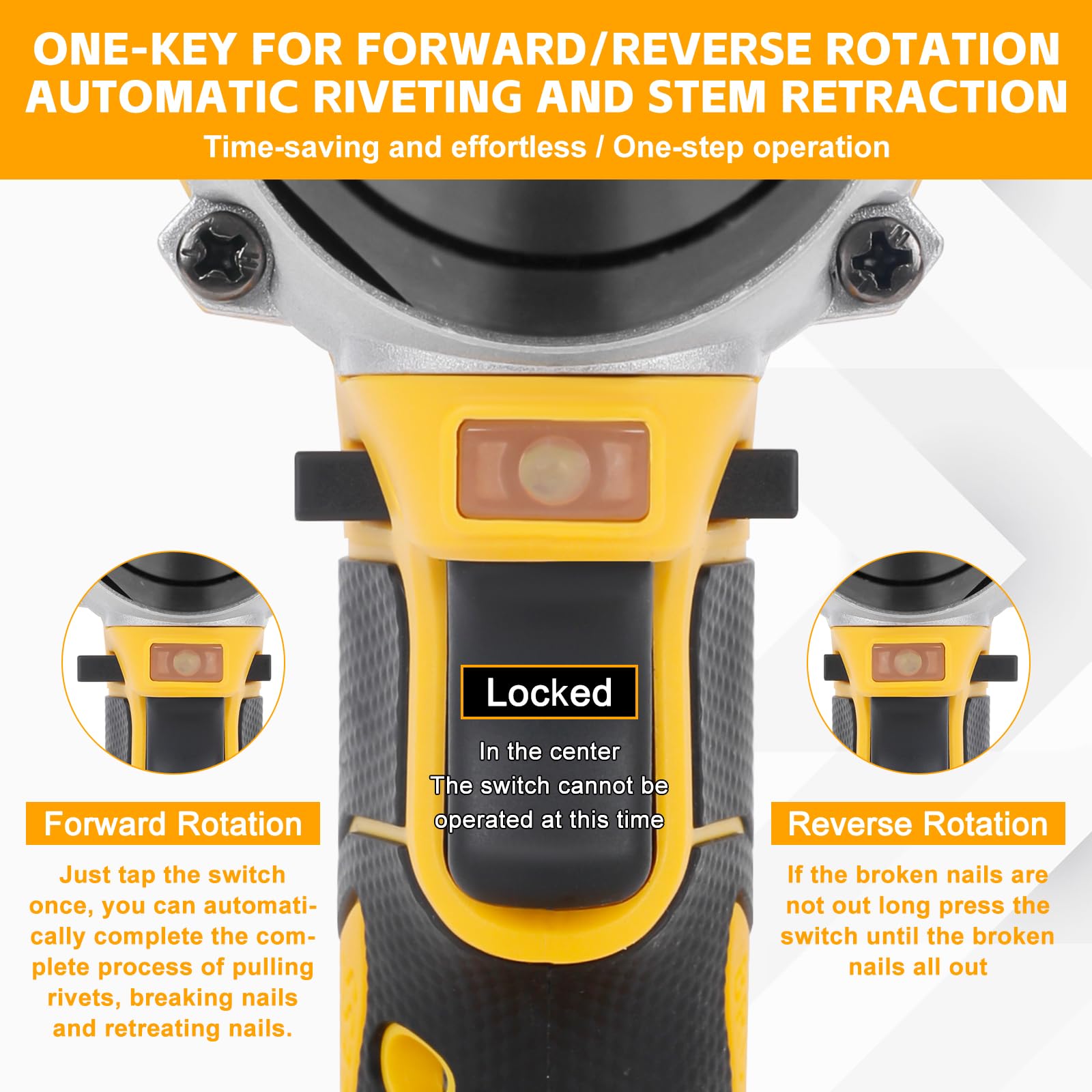 Remachadora Inalámbrica Profesional para Dewalt 20V (sin Batería) | Pistola de Remache sin Escobillas, Luz LED, 3 Adaptadores, 60 Remaches y Llave, para Metal y Plástico