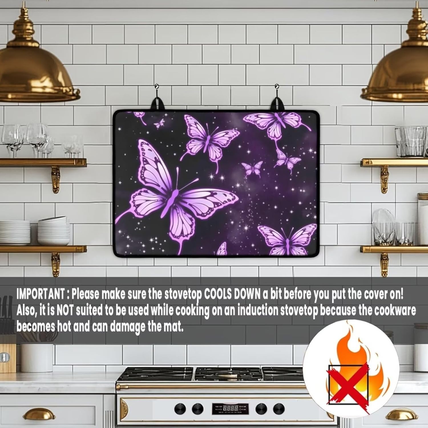 Stove Top Covers for Electric Stove Purple Butterfly Countertop Protector Mat Non-Slip Cooktop Protector Anti-Slip Waterproof Mat for Glass Stove Top Protector Dish Drying Mats for Kitchen
