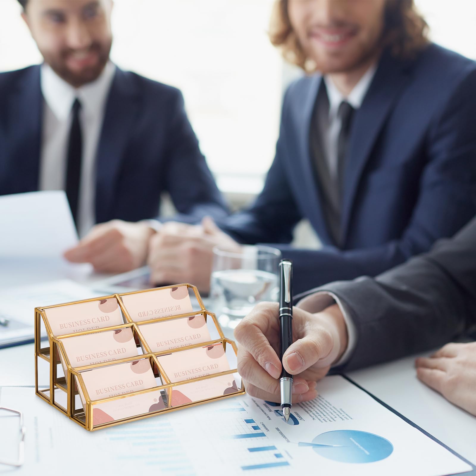 Hipiwe Soporte de cristal para tarjetas de visita de metal dorado, 6 ranuras