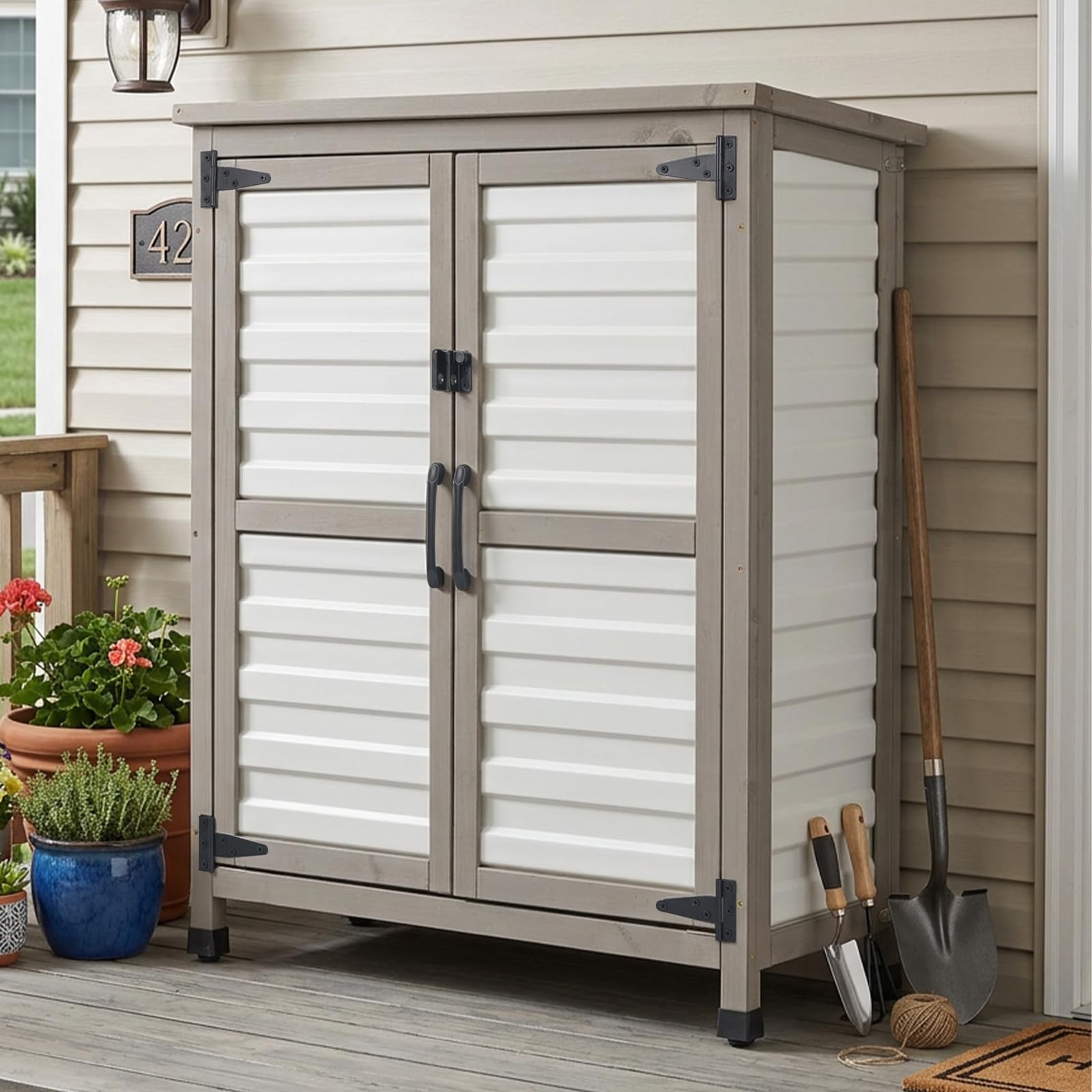 PetsCosset Weatherproof Outdoor Storage Cabinet with Lockable Doors, Wooden &amp; Plastic Garden Patio Storage Box with Adjustable Shelves for Tools, Toys, Pool Accessories, Lawn Equipment