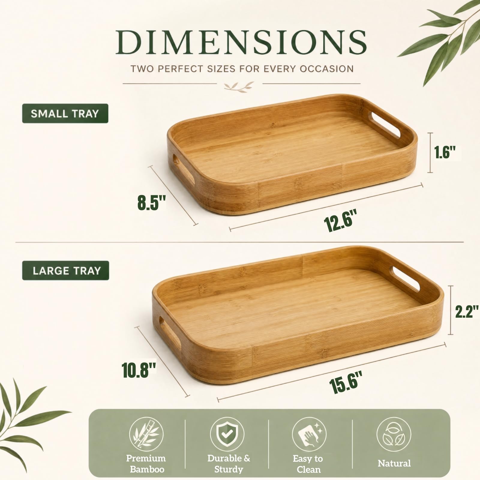 Dicunoy 2er Set Bambus Serviertablett,Massivholz Frühstückstablett mit Griffen,Große Bambus Essen Tablett Ideal für Abendessen, Tee, Kaffee, Bar, Partys (40 x 28 x 5 cm,33 x 22 x 4 cm)