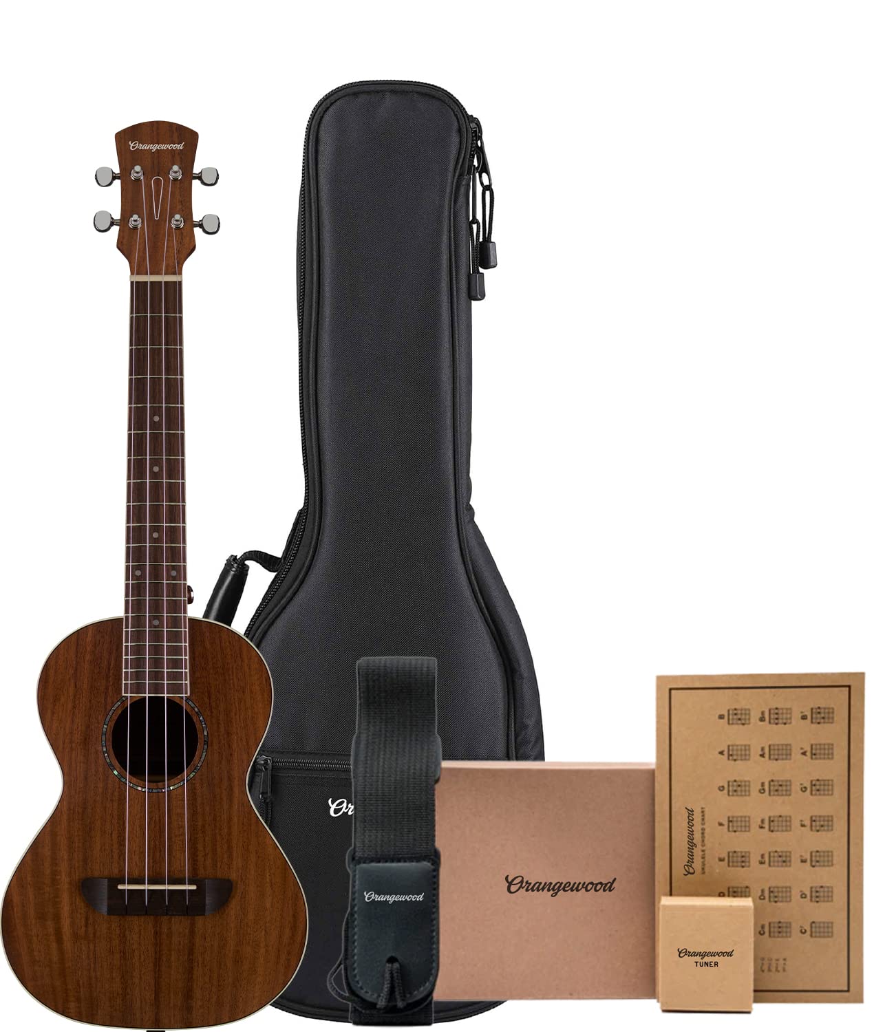 Orangewood Harper Concert Acacia with Aquila Strings, Premium Padded Gig Bag, and Accessory Kit featuring a Strap, Tuner, and Chord Chart Included