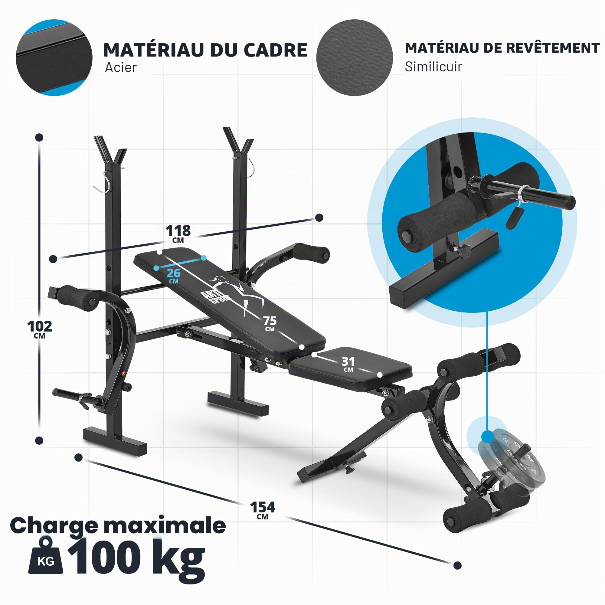 ArtSport banc de musculation multifonction ProfiGym1000 pliable et réglable en 4 positions - avec support pour haltères longs, barre curl pour les jambes et Butterfly — banc incliné banc plat
