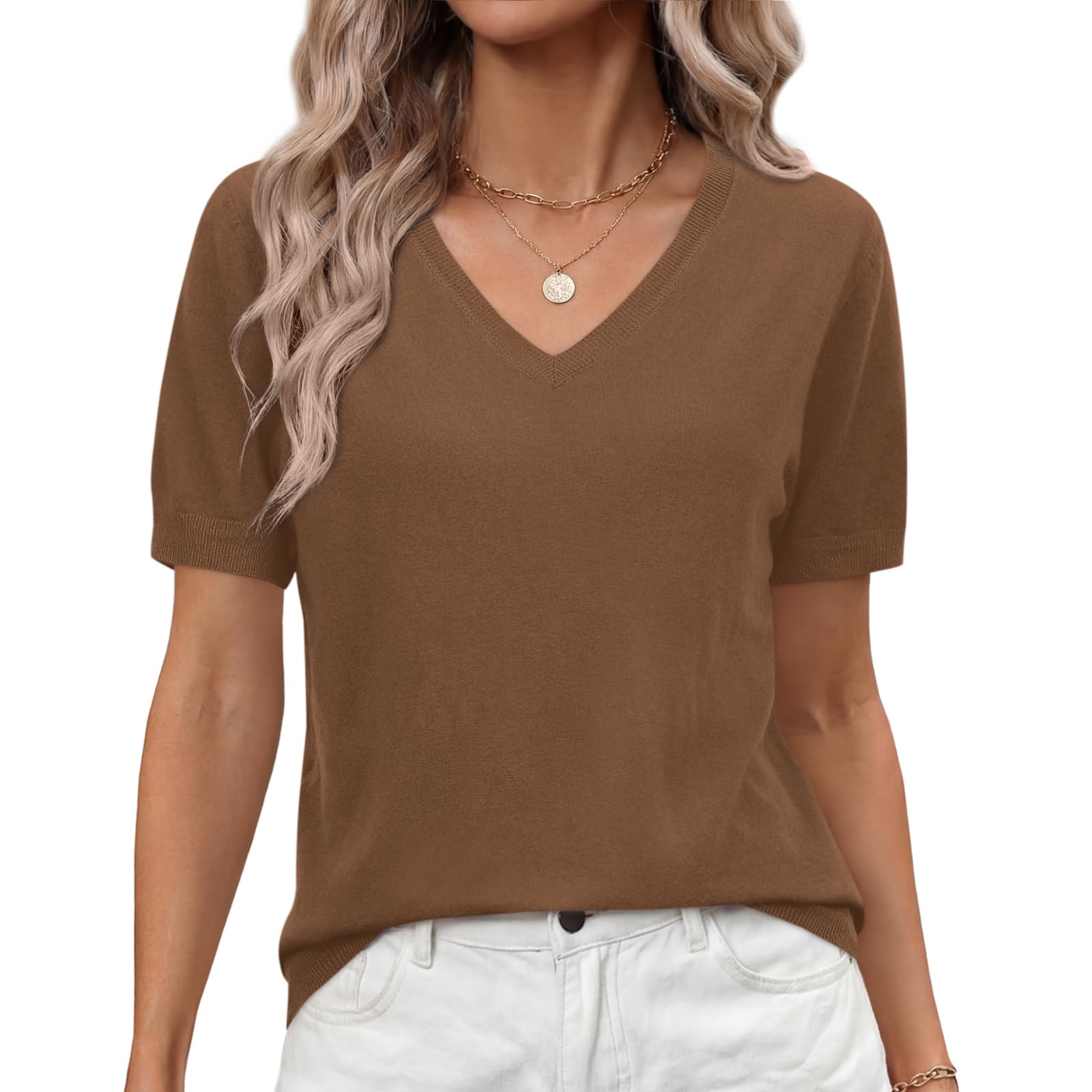 Elesomo Damen Sommer Strickpullover Kurzarm V-Ausschnitt lässige Gestrickte Tops