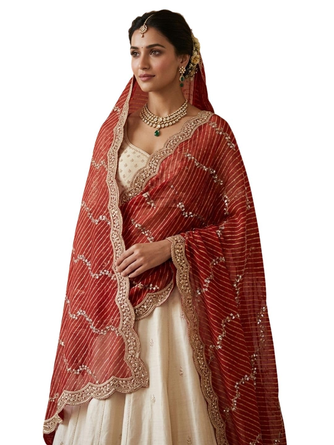 UPATTA BAZAAR Women's Leharia Printed Embroidered Georgette Dupatta | Ethnic Motif Design Zardozi Work | Scalloped Embellished Border Dupatta for Festive Wedding Party (2.4 Meter, Red)-image-39