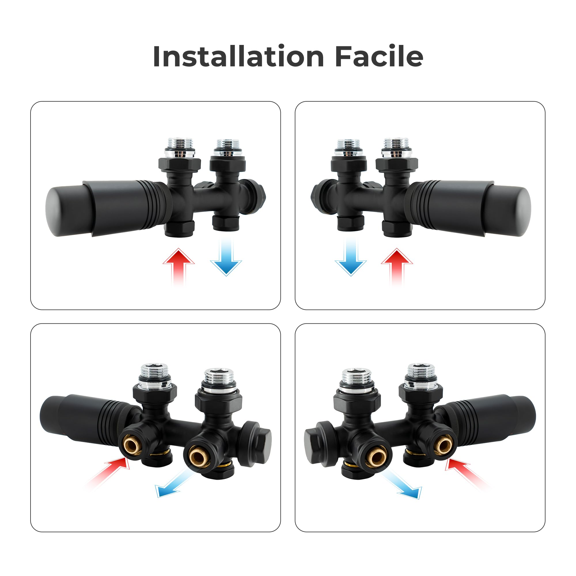 VANCOCO Noir Kit Multibloc Universel Pour Radiateur, Raccordement Central avec 50mm, Vannes Thermostatiques Pour Radiateur et Chauffage