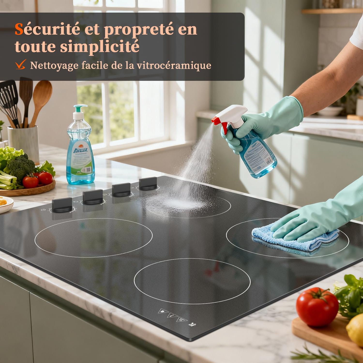 Karinear Plaque Vitrocéramique 4 Feux avec Boutons | Plaque de Cuisson Electrique 60CM Encastrable, Boutons Rotatifs, 6000W, Arrêt Automatique, 220V