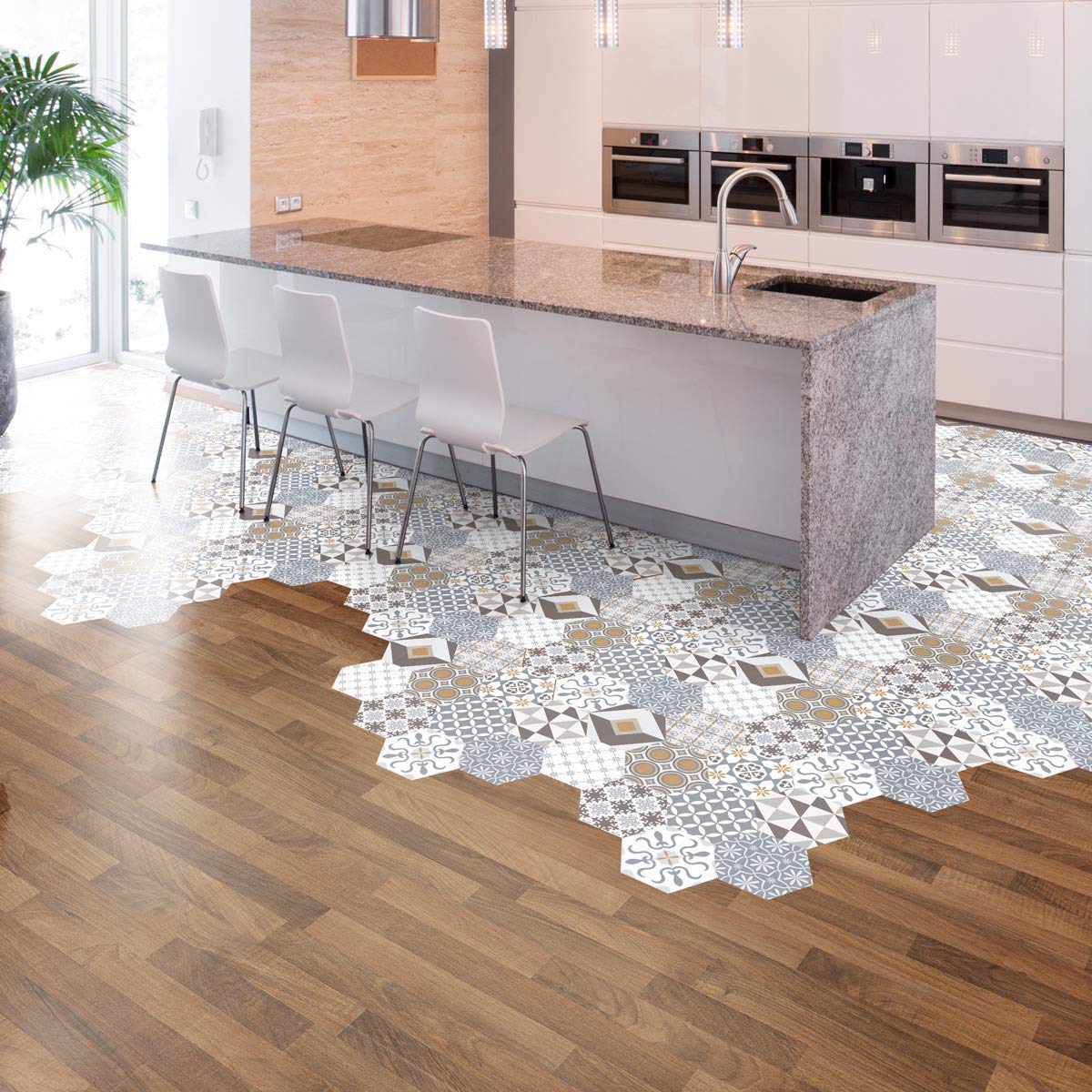 Ambiance Adesivo pavimento piastrelle di cemento azulejos con laminato di protezione in plastica, piastrelle esagonali, resistente all'acqua, 40 x 90 cm