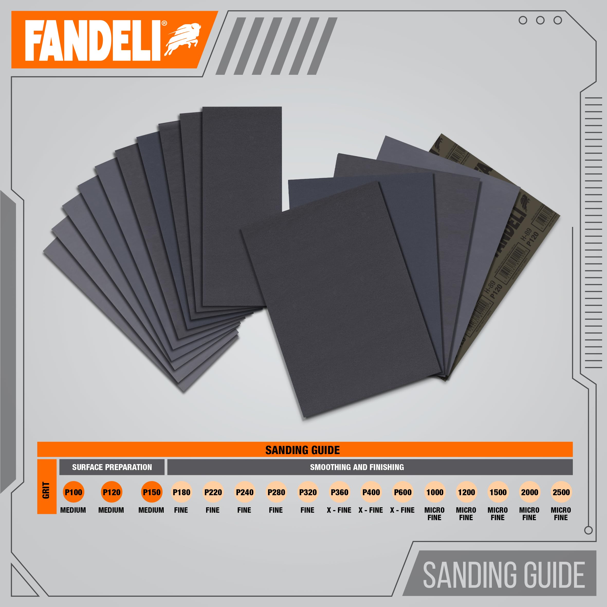 Fandeli Carta vetrata impermeabile, grana 1500, fogli 22,9 x 27,9 cm, per lucidatura auto, levigatura per mobili in legno e levigatura in metallo, resistente all'acqua (grana 50, grana 1500)