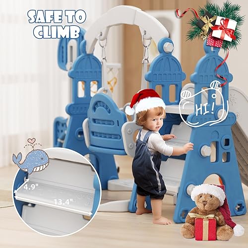 Miniatura 4 de XJD Juego de toboganes y columpios 6 en 1 para niños pequeños de 1 año, juego para exteriores con aro de baloncesto, marco de fútbol, columpio,