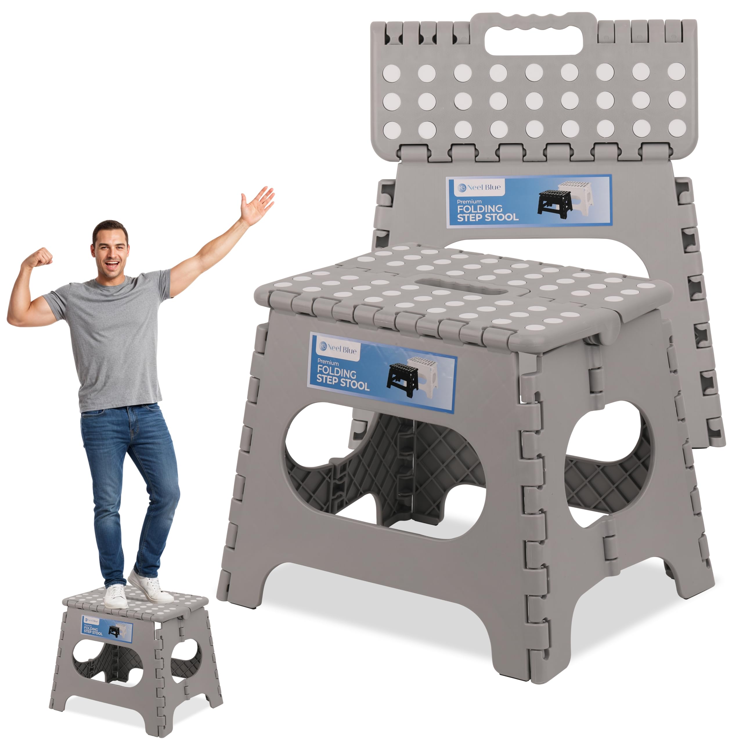 Trimming Shop Heavy Duty 11 Inch Folding Step Stool with Carry Handle Anti Slip Surface, Portable Plastic Foldable Camping Stool for Kitchen Bathroom Indoor/Outdoor, 330lbs Load Capacity - Light Grey