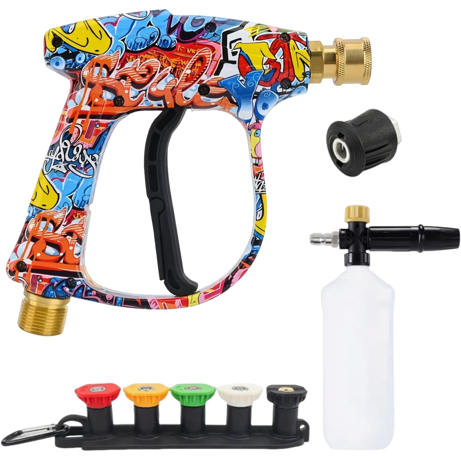 BOOZXCV Short Pressure Washer Gun with 1/4 Inch Quick Connector & 5 Spray Nozzle, 3000 PSI Power Foam Cannon with Watering Can, for Car Yard Fence Garden