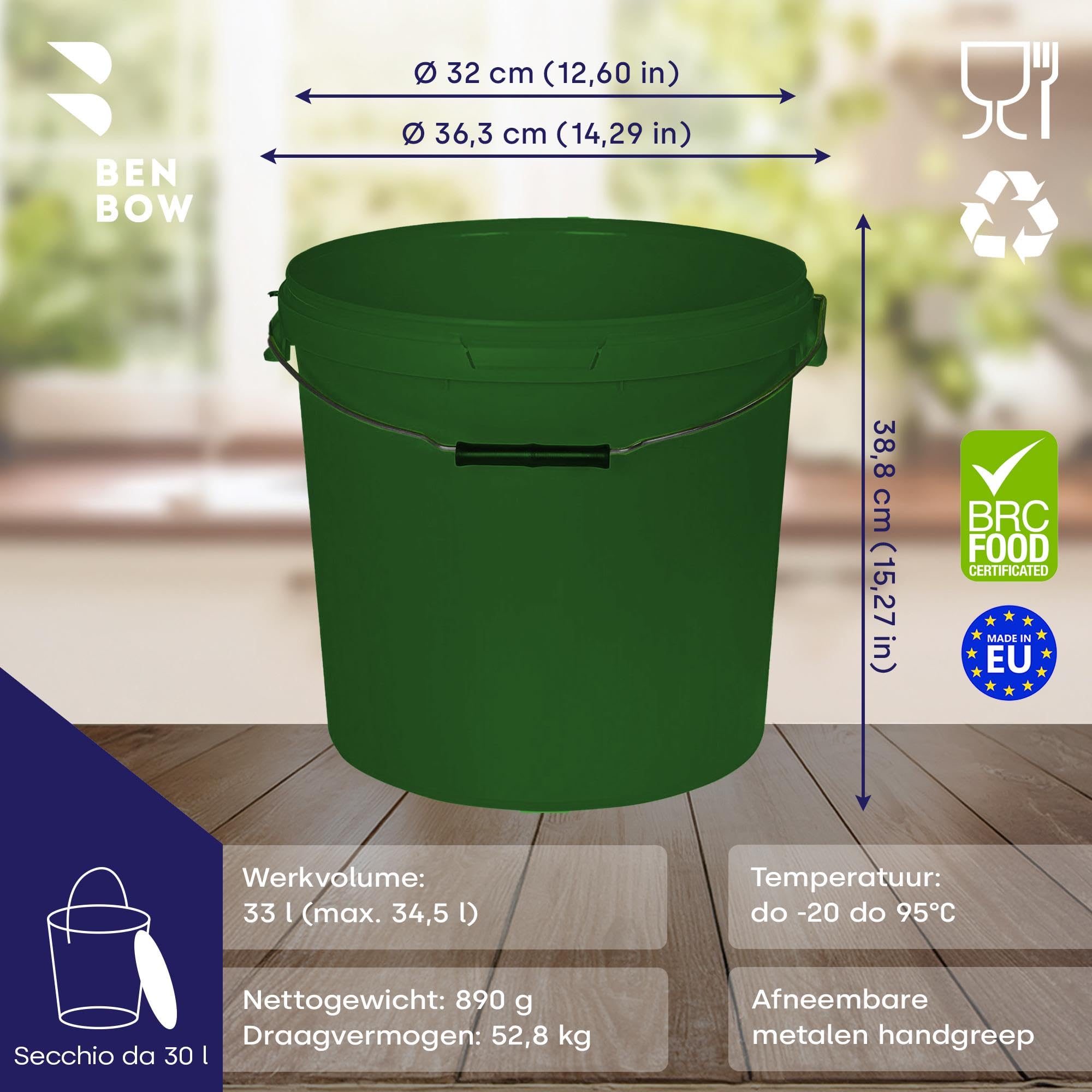 Secchio Con Coperchio 30L Verde - Per Alimenti, Ermetico, A Prova Di Perdite, In Plastica Alimentare - Foto 8