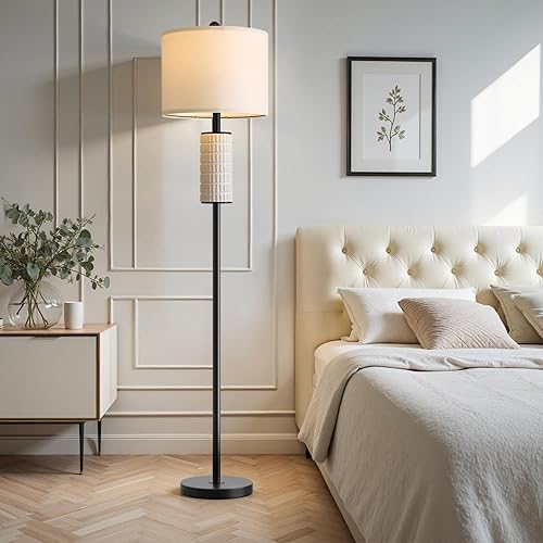 Miniatura 7 de PoKat Lámpara de pie de cerámica negra para sala de estar, dormitorio, lámpara de pie moderna de 64 pulgadas con interruptor giratorio, lámpara de