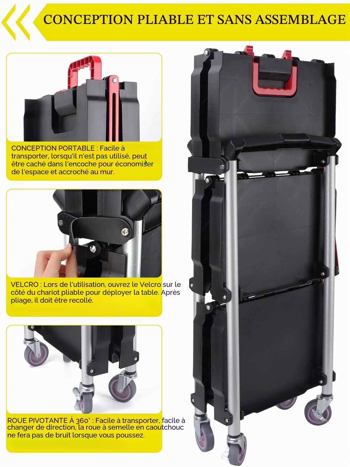 EBANKU Rolling Utility Cart, 3-Tier Service Carts with Wheels Folding Collapsible Service Cart Chariot de Service avec Roulettes pour Bureau, Entrepôt et Maison