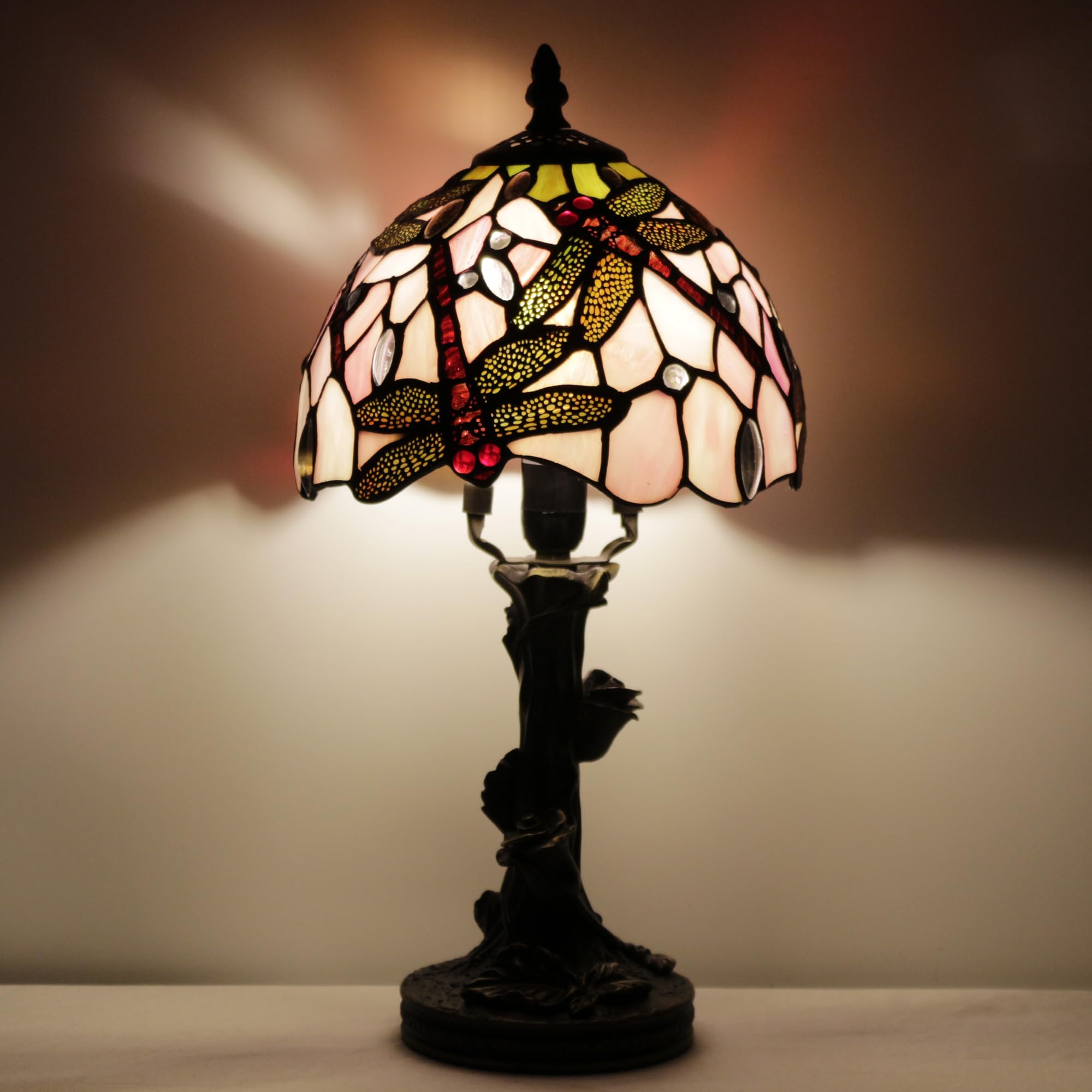 SYETL Small Tiffany Table Lamp Pink Dragonfly Style Stained Glass Desk Lamp Home Bedside Desk Light Mini Accent Desk Memory Lamp 8X15 Inch
