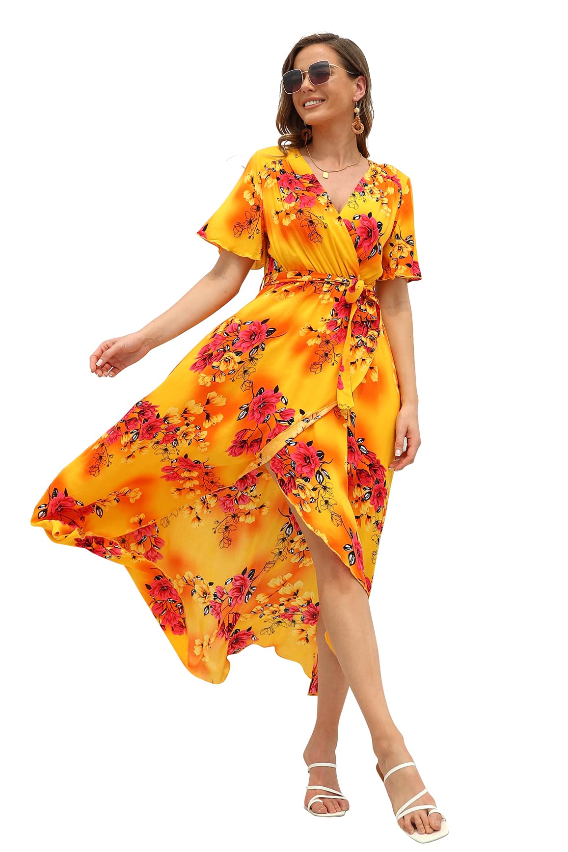 VintageClothing Women's Wrap V Neck Floral Summer Dresses High Low Casual