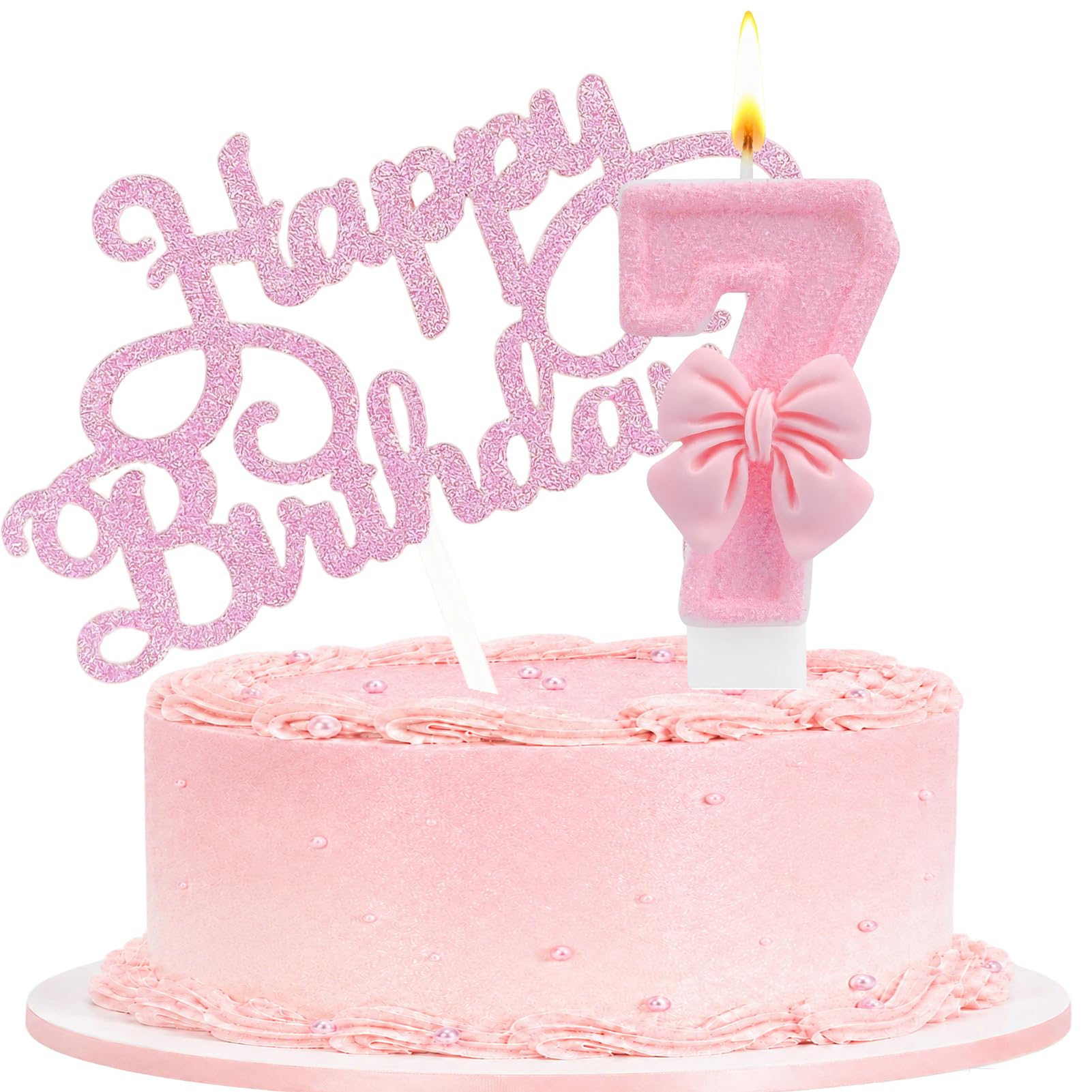 Birthday Candle with Pink Bow Cake Topper for Party, Number 7