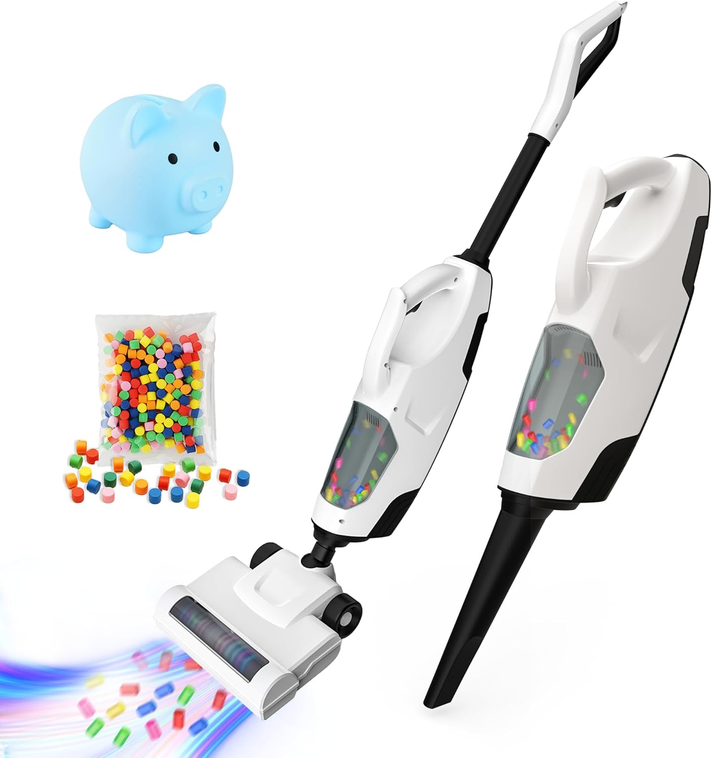 SmilesSkiddo Kids Toy Vacuum & Piggy Bank Set - Vero aspirapolvere da lavoro per le faccende domestiche, guadagnare commissioni per risparmiare, insegna abilità e responsabilità in denaro, Giocattolo per la pulizia educativa, Regalo di compleanno per ragazzi e ragazze